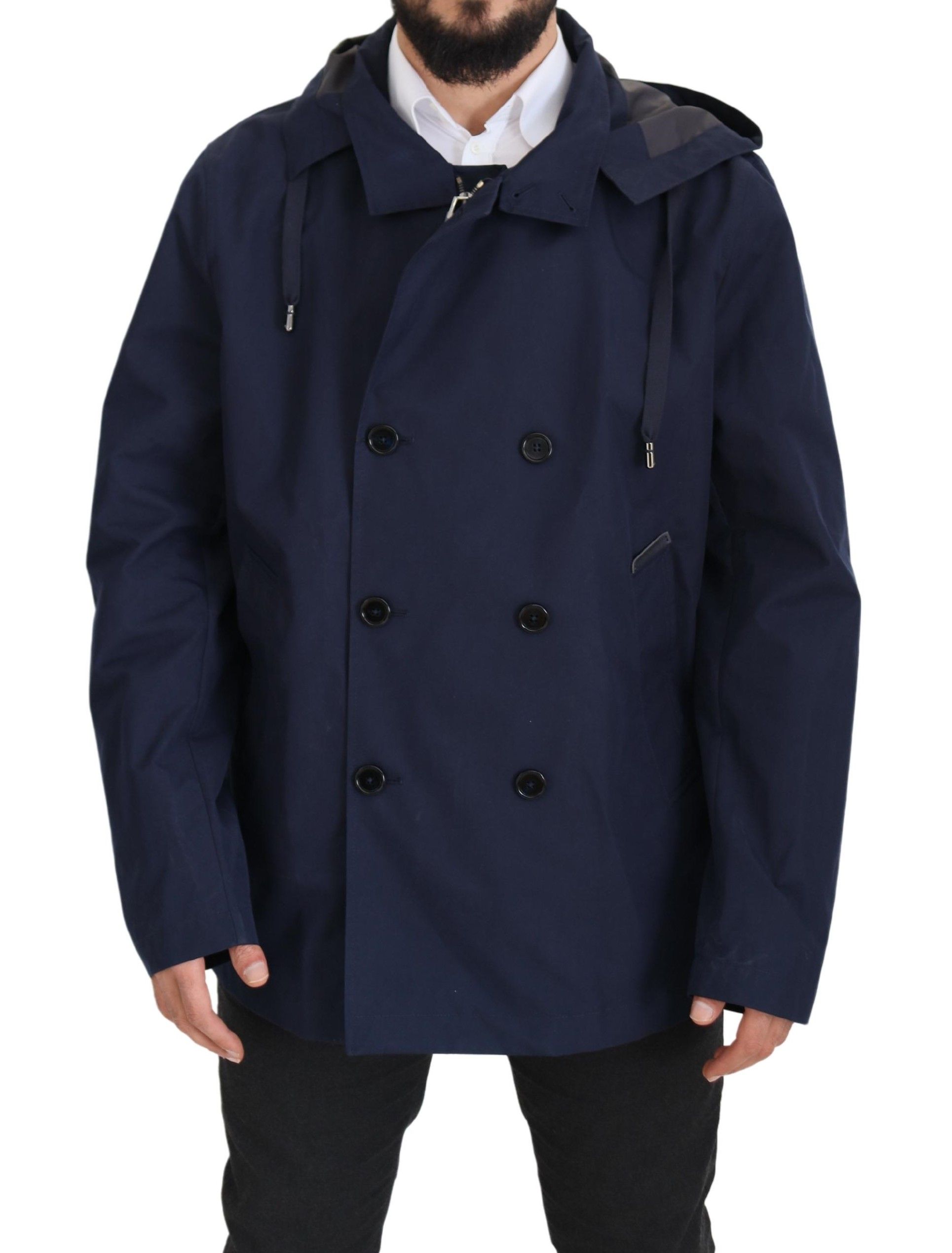 Dolce & Gabbana Blauer Kapuzen-Doppelreihiger Mantel Herrenjacke