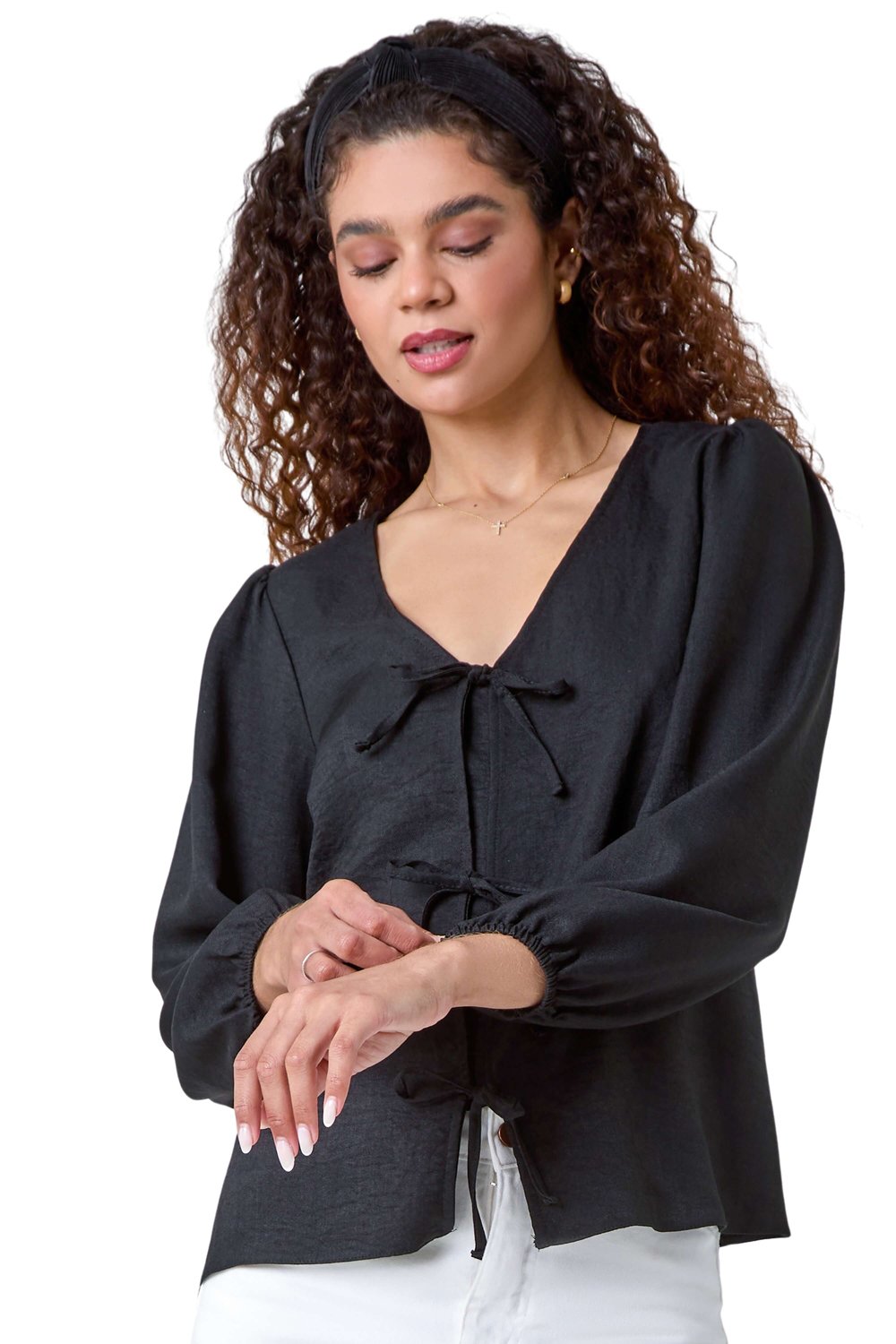 Roman Womens Plain Tie Front Woven Top - Black - Size 12 UK