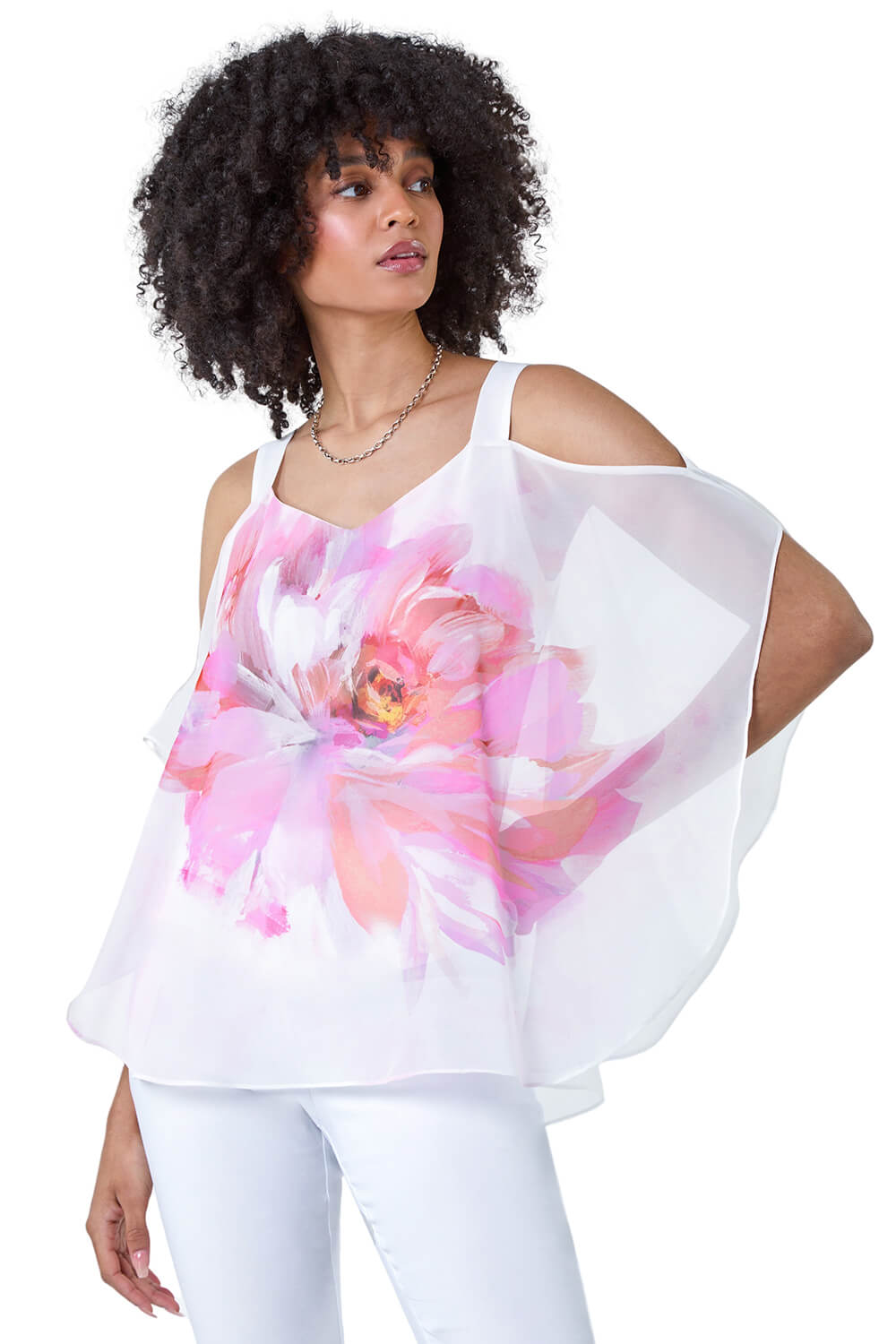 Roman Womens Floral Print Cold Shoulder Overlay Top - Ivory - Size 12 UK