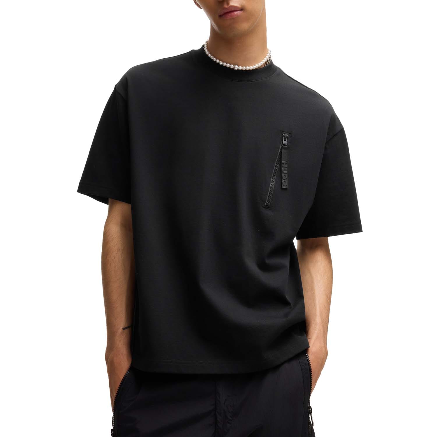 Hugo Mens Dibtechti Zipped Pocket T-Shirt in Black Cotton - Size Small