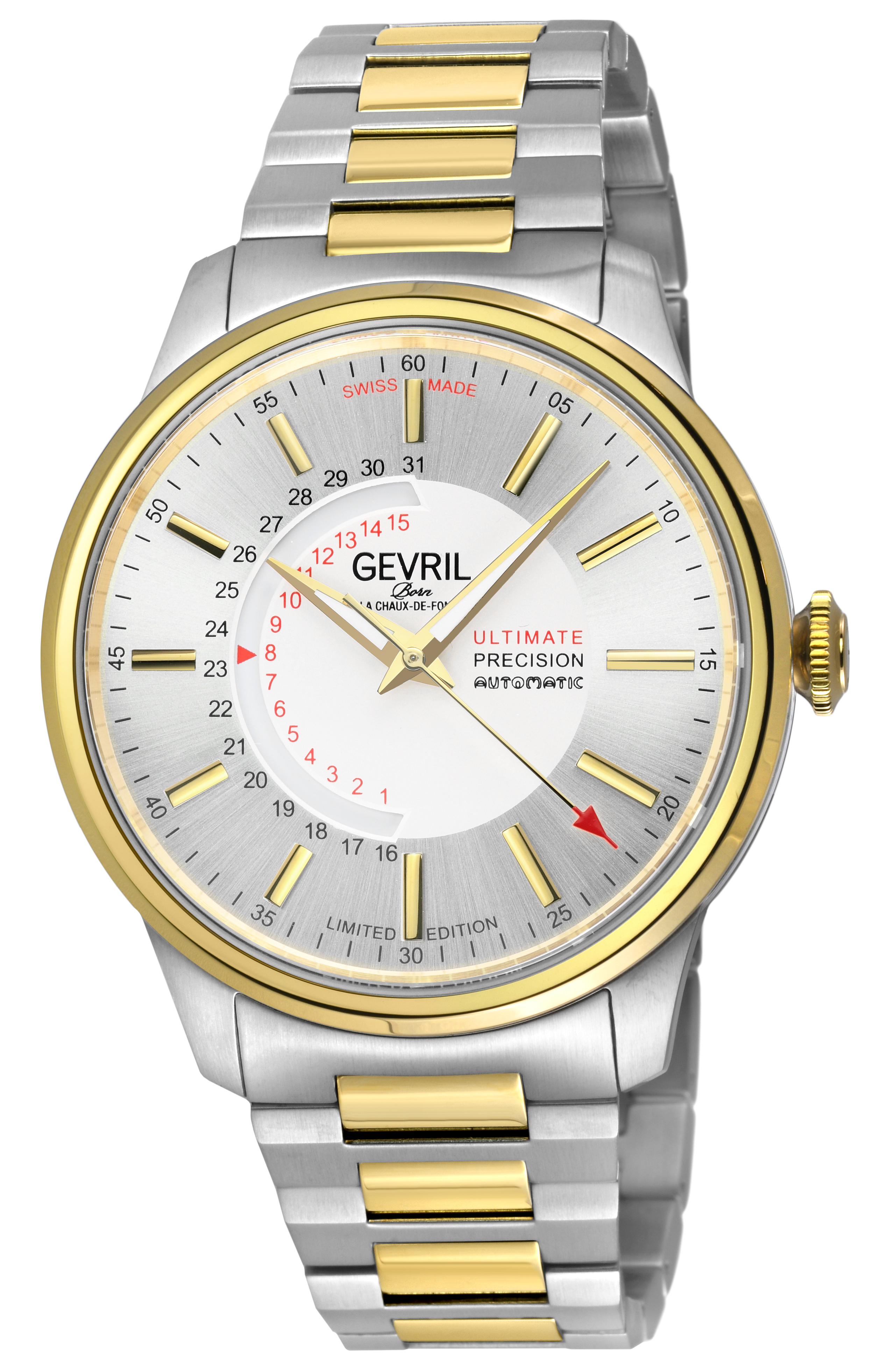 Gevril Mens Guggenheim Automatic 316L Stainless Steel Silver Dial, IP gold Satin and Polished Bracelet. – Silver & Gold – One Size
