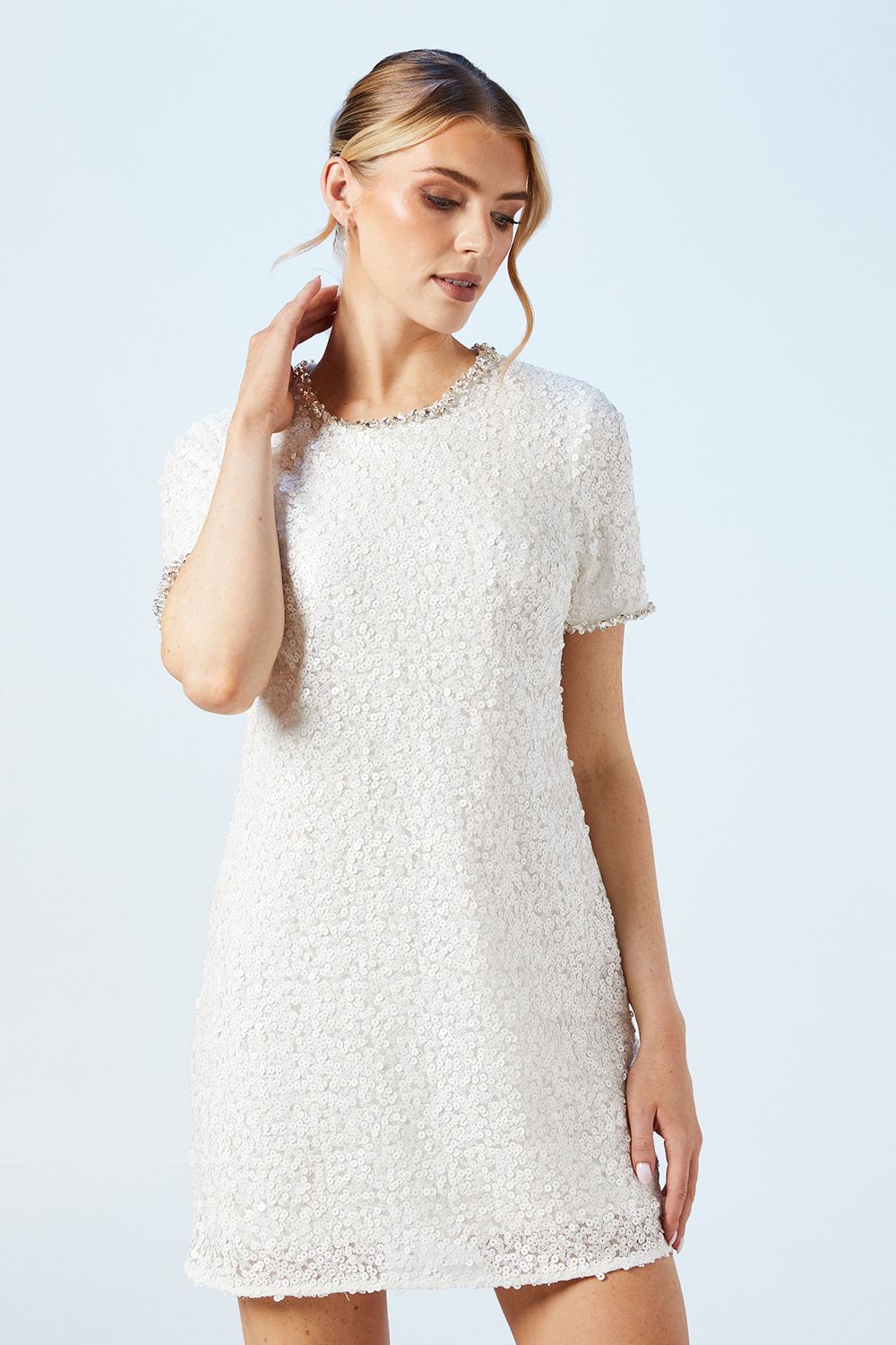 Oasis Womens Sequin Bridal Shift Dress With Diamante Trim Detail - White - Size 10 UK