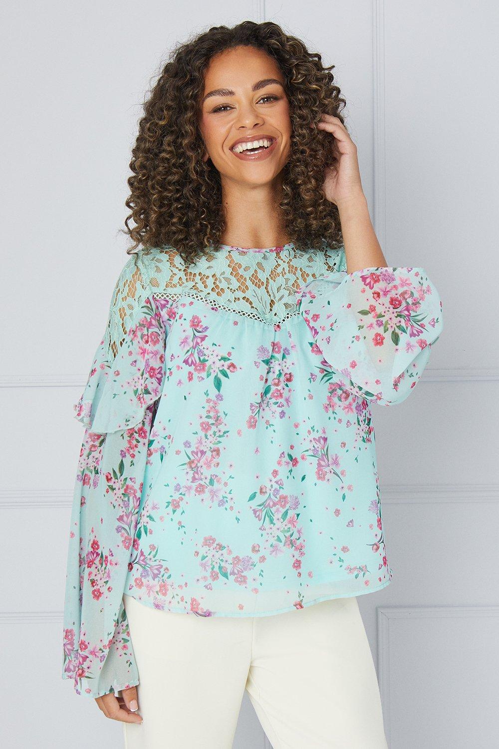 Wallis Womens Printed Lace Trim Blouse - Blue - Size 16 UK