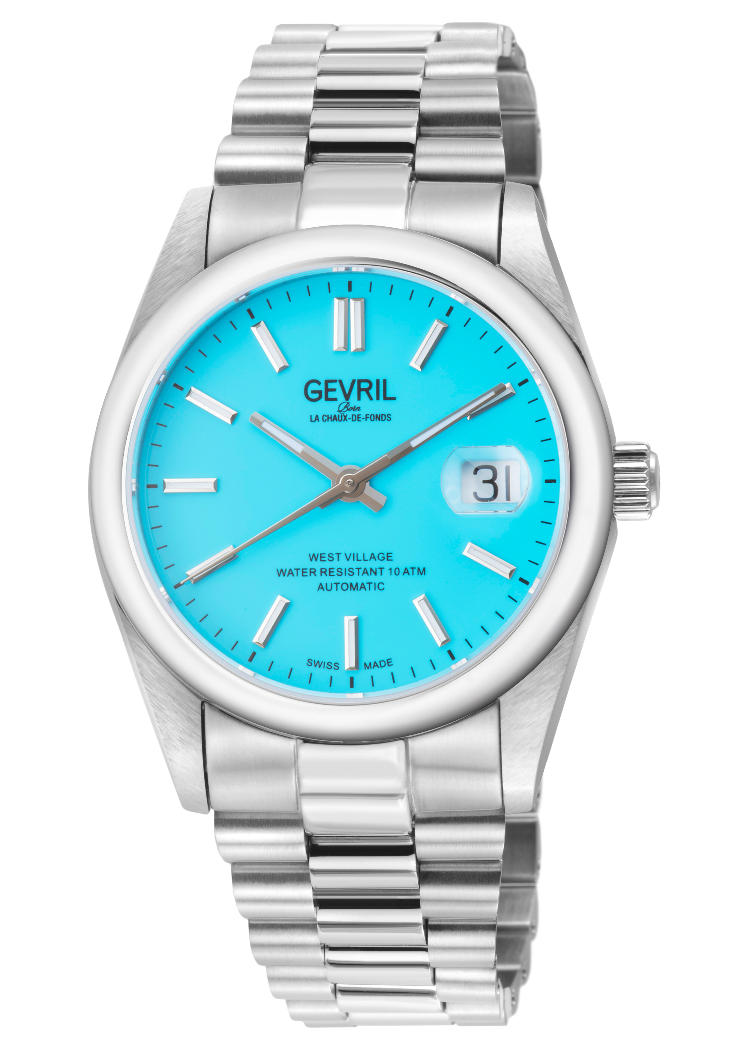 Gevril Mens Automatic West Village Light Blue Aqua Dial Stainless Steel Bracelet – Silver – One Size