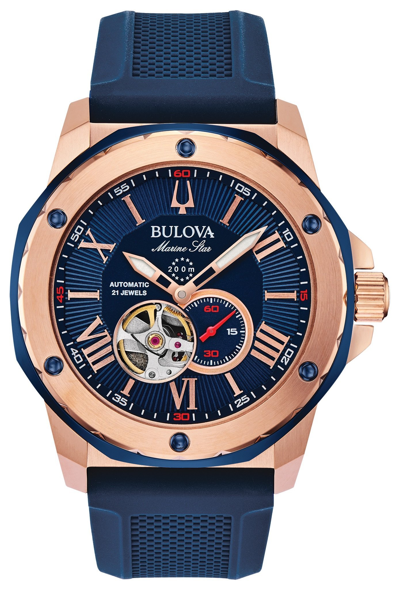Bulova Men's Gold/Stainless Steel Size 44 Blue Marine Star Automatic Resin Strap Watch - W09166 98A227 - Image 4