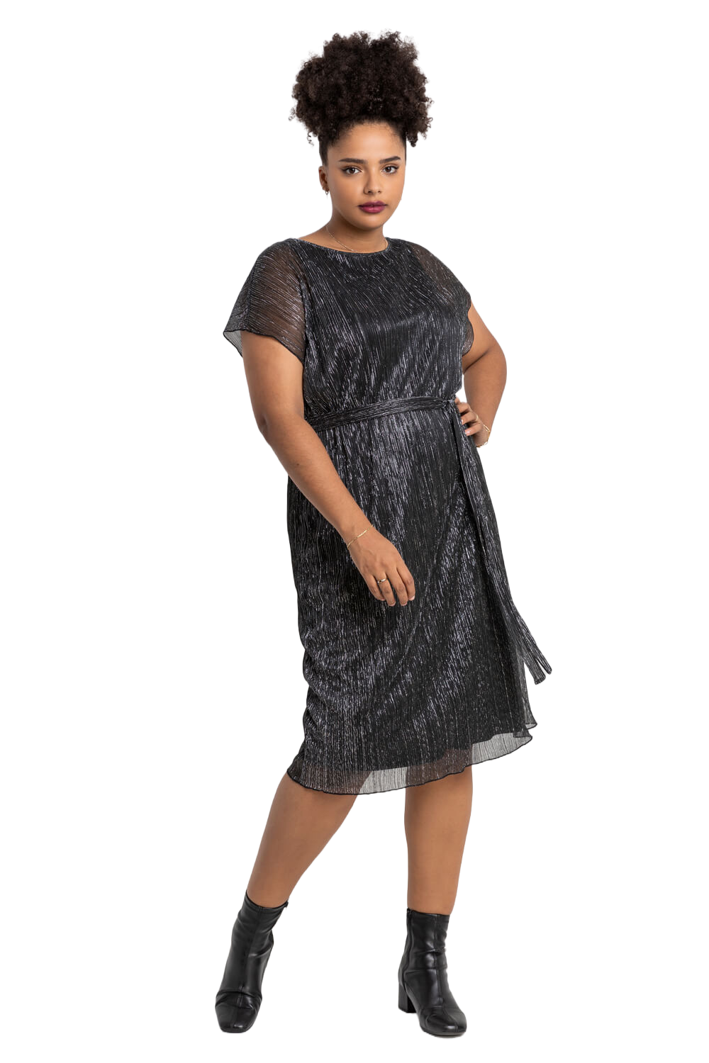 Roman Curve Womens Metallic Plisse Midi Dress - Silver - Size UK 30-32