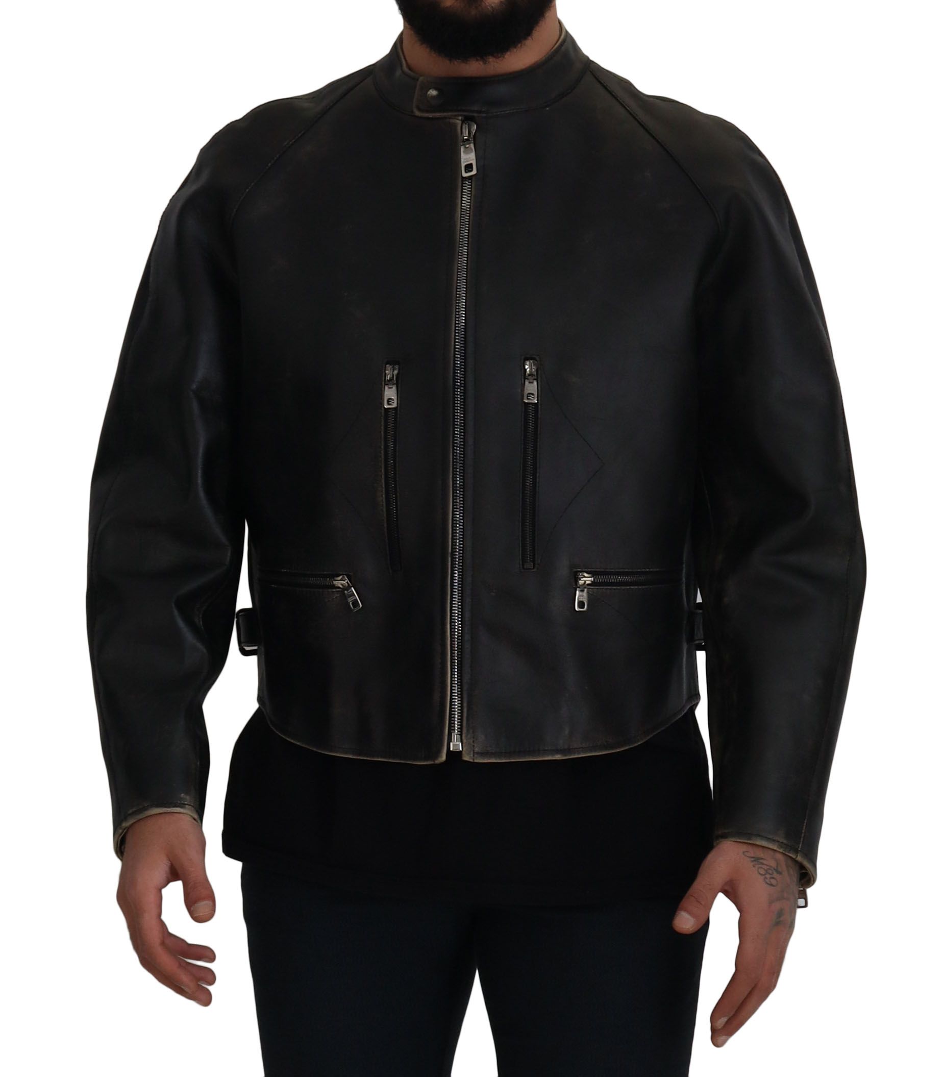 Dolce & Gabbana Schwarze Leder Reißverschluss Bikerjacke für Herren