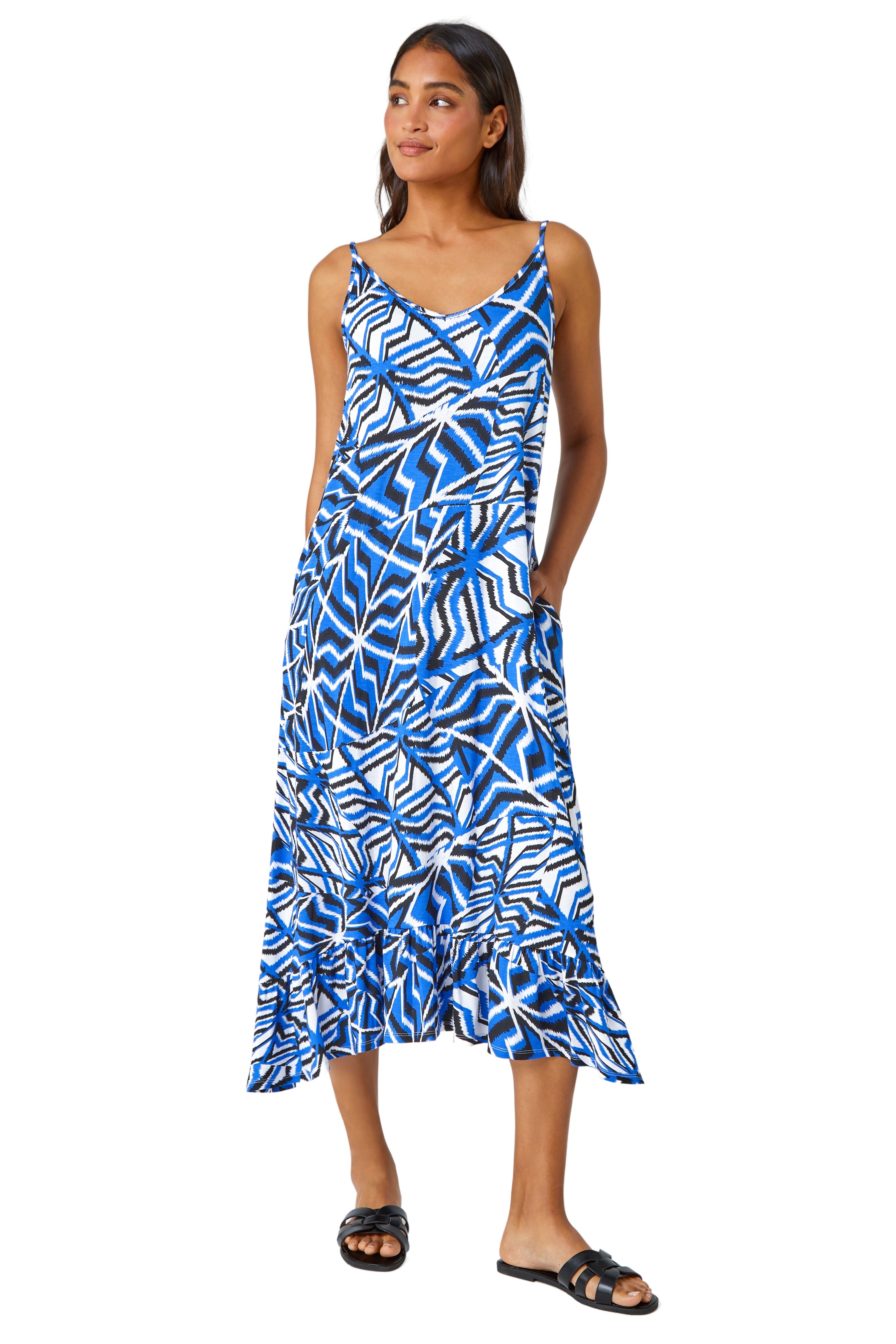 Roman Womens Abstract Print Pocket Midi Dress - Blue - Size 10 UK