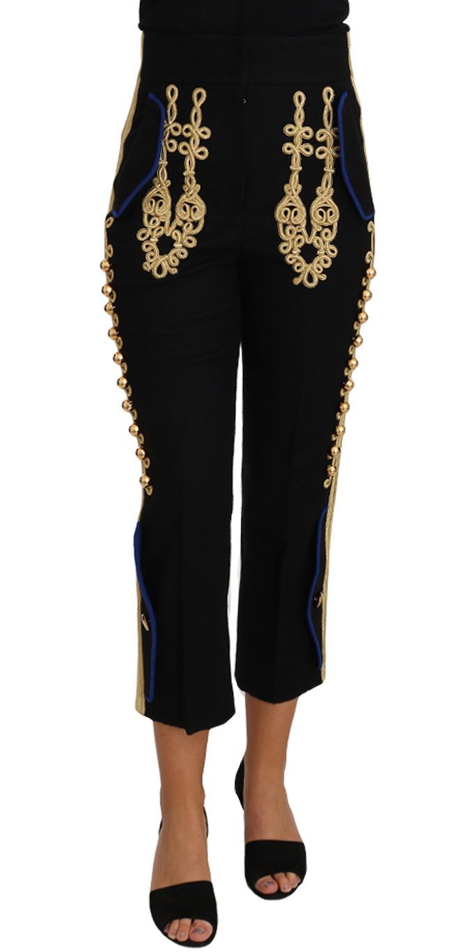 Dolce & Gabbana Womens Military Embellished Pants Black Gold Dress Pant Wool – Size X-Small