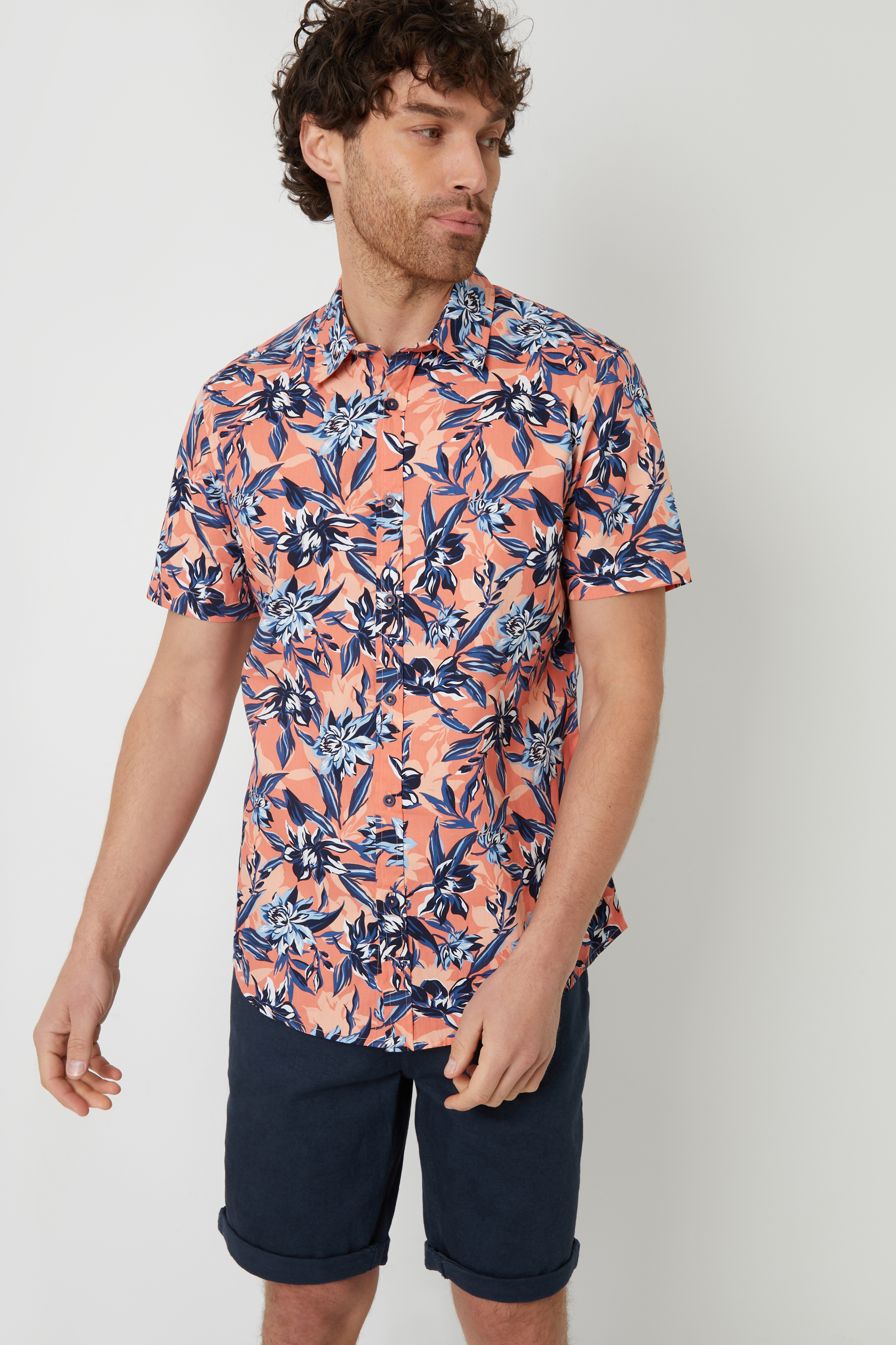 Threadbare Mens Peach 'Latham' Cotton Floral Print Short Sleeve Shirt - Size 2XL