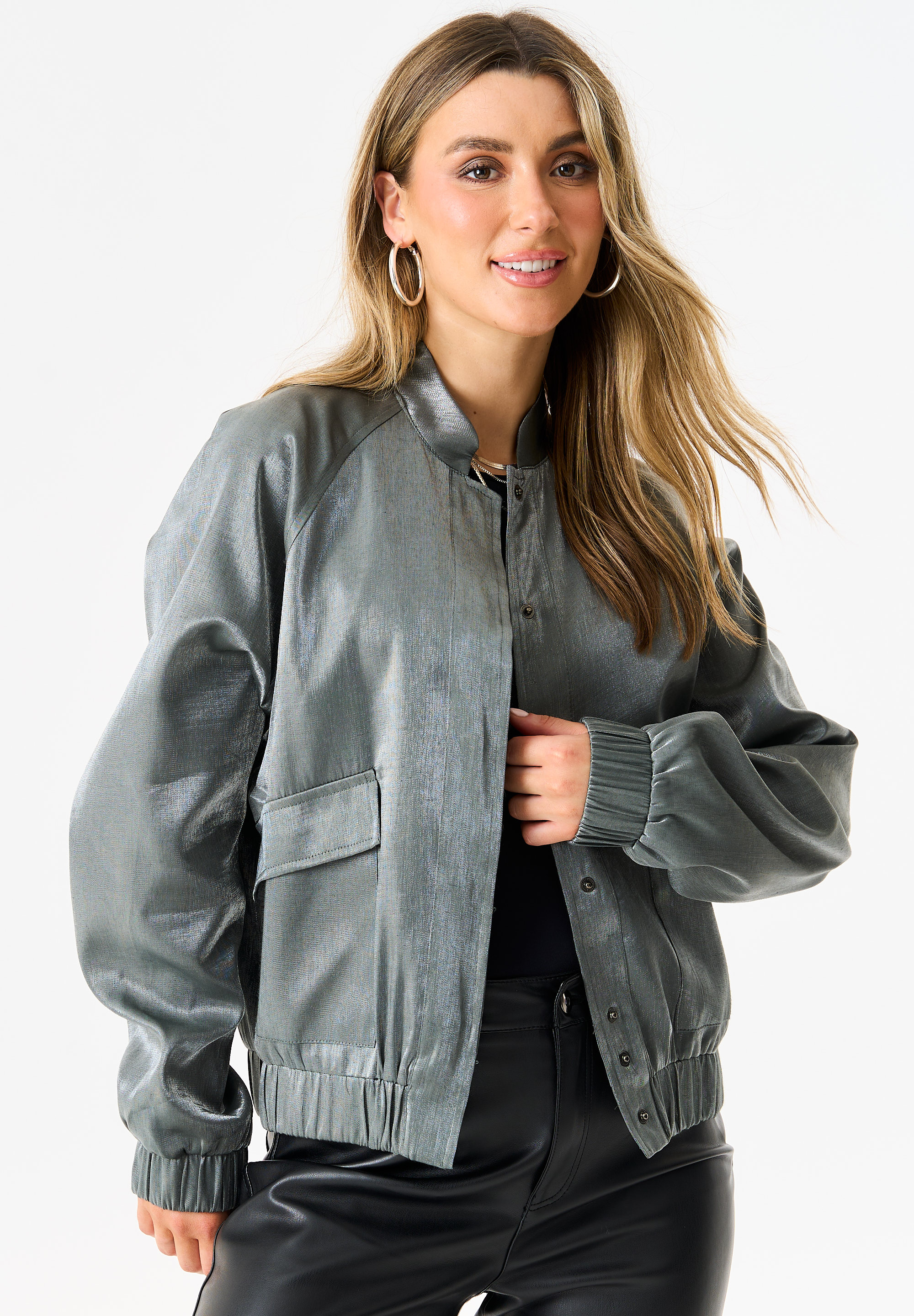 Gini London Metallic Elasticated Waist Bomber Jacket jackor dam – bild 2