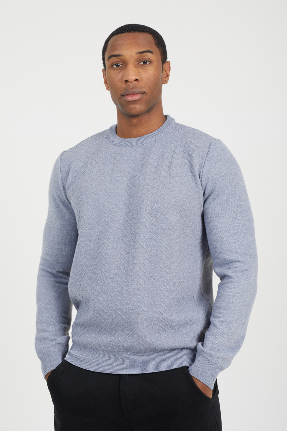 Brave Soul Mens Grey Crew Neck Jaquard Knit Jumper - Size X-Large