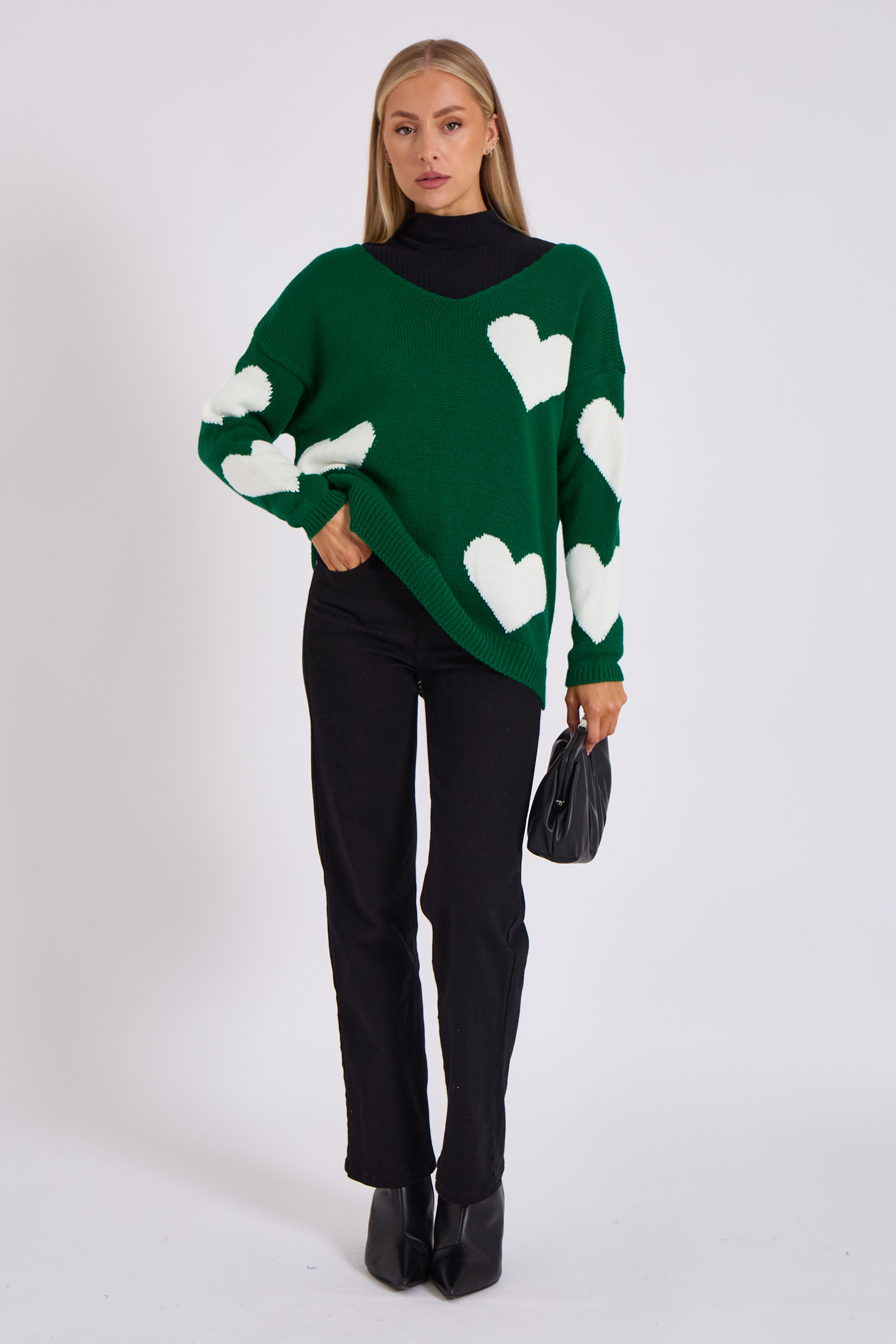 Gini London V-ringad Oversized Heart Knit Jumper stickade tröjor dam – bild 2