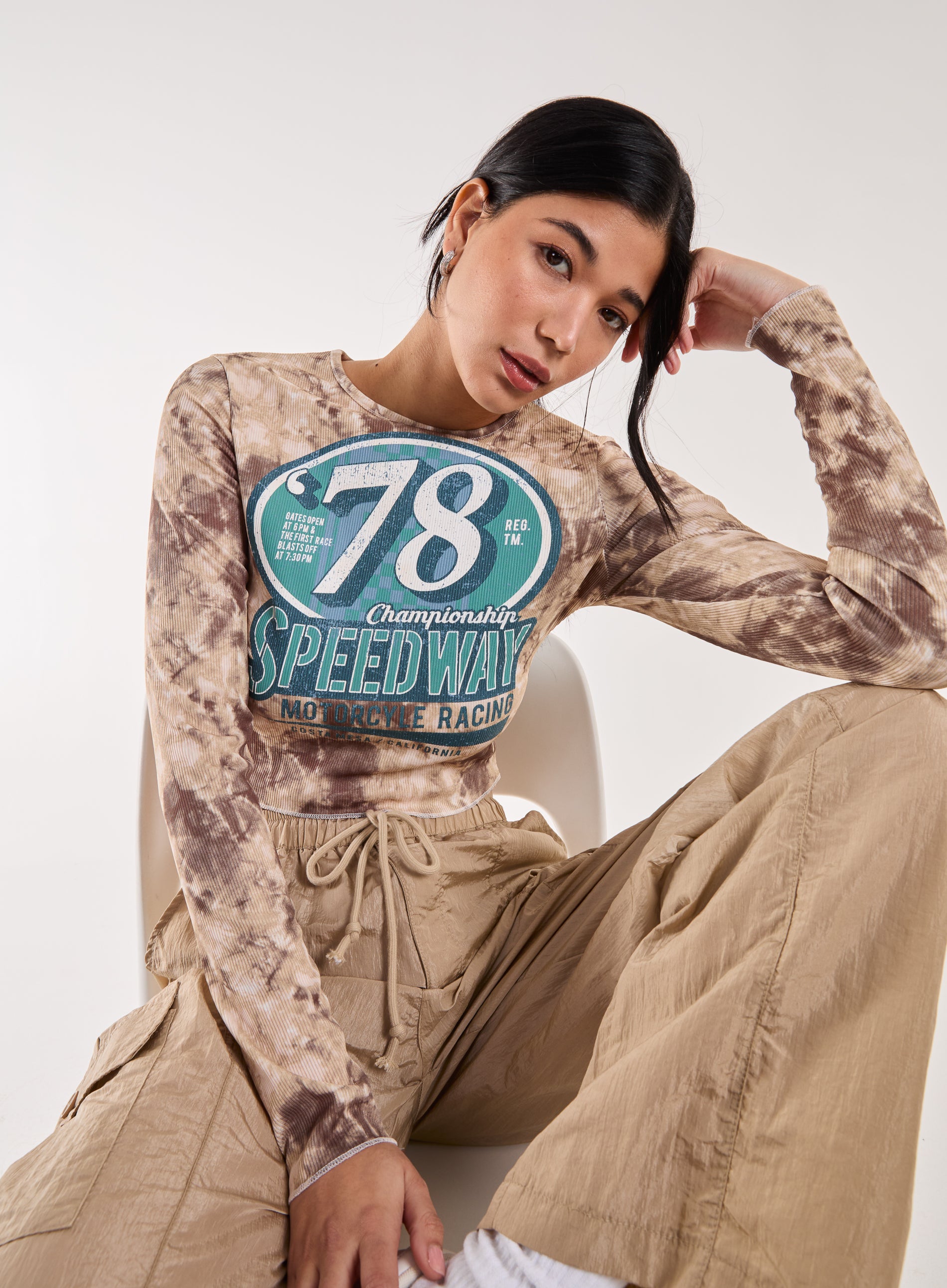 Pink Vanilla Womens Racer Washed Printed Long Sleeve Top - Khaki - Size Large