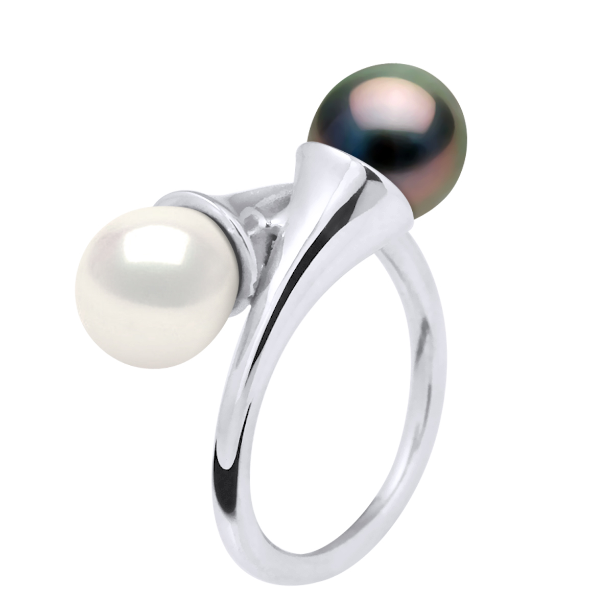Diadema Womens - Ring You & Me in White Gold - Real Freshwater Pearls and Tahitian - - Natural - Size N