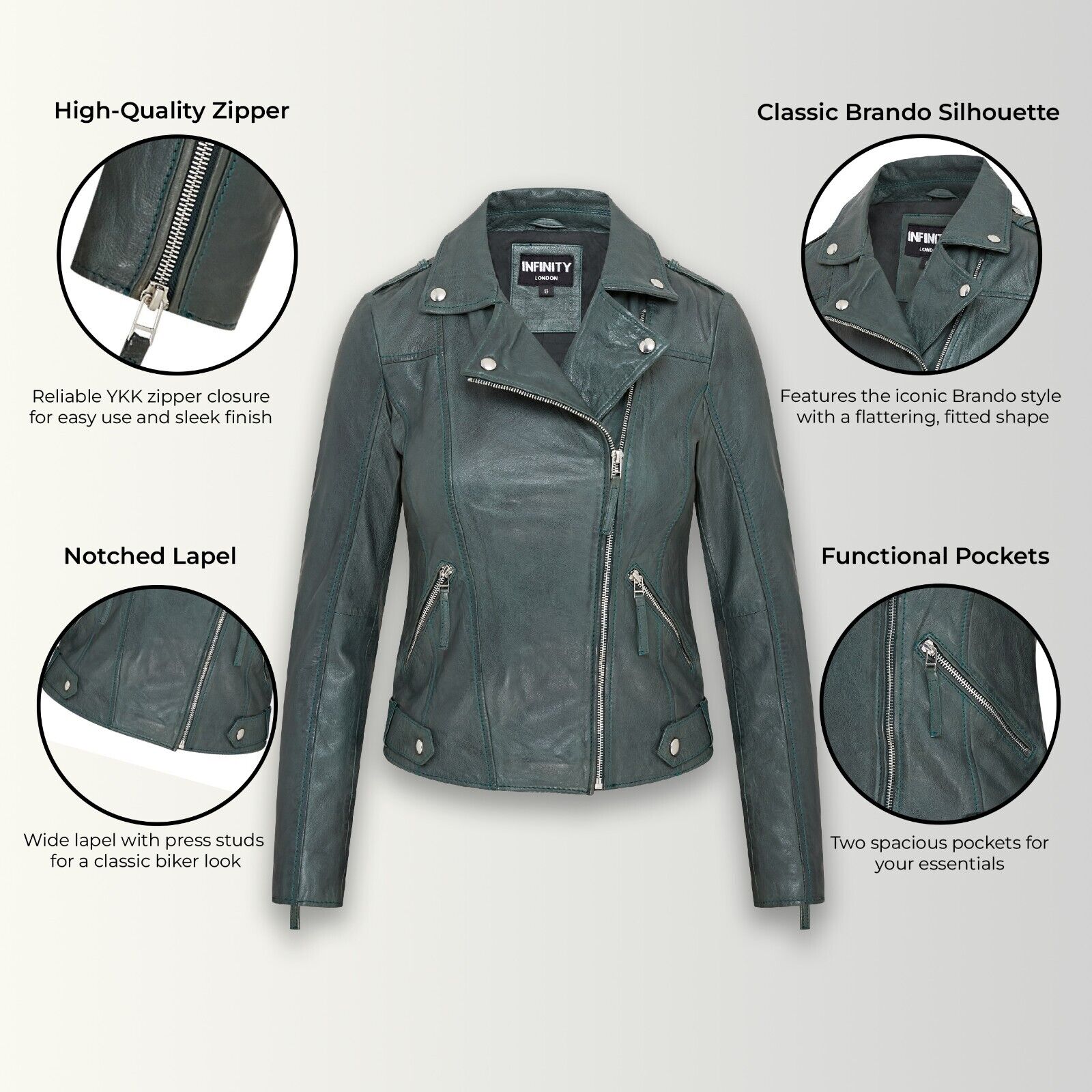 Infinity Leather Womens Green Biker Leather Jacket Denver skinnjackor dam – bild 2