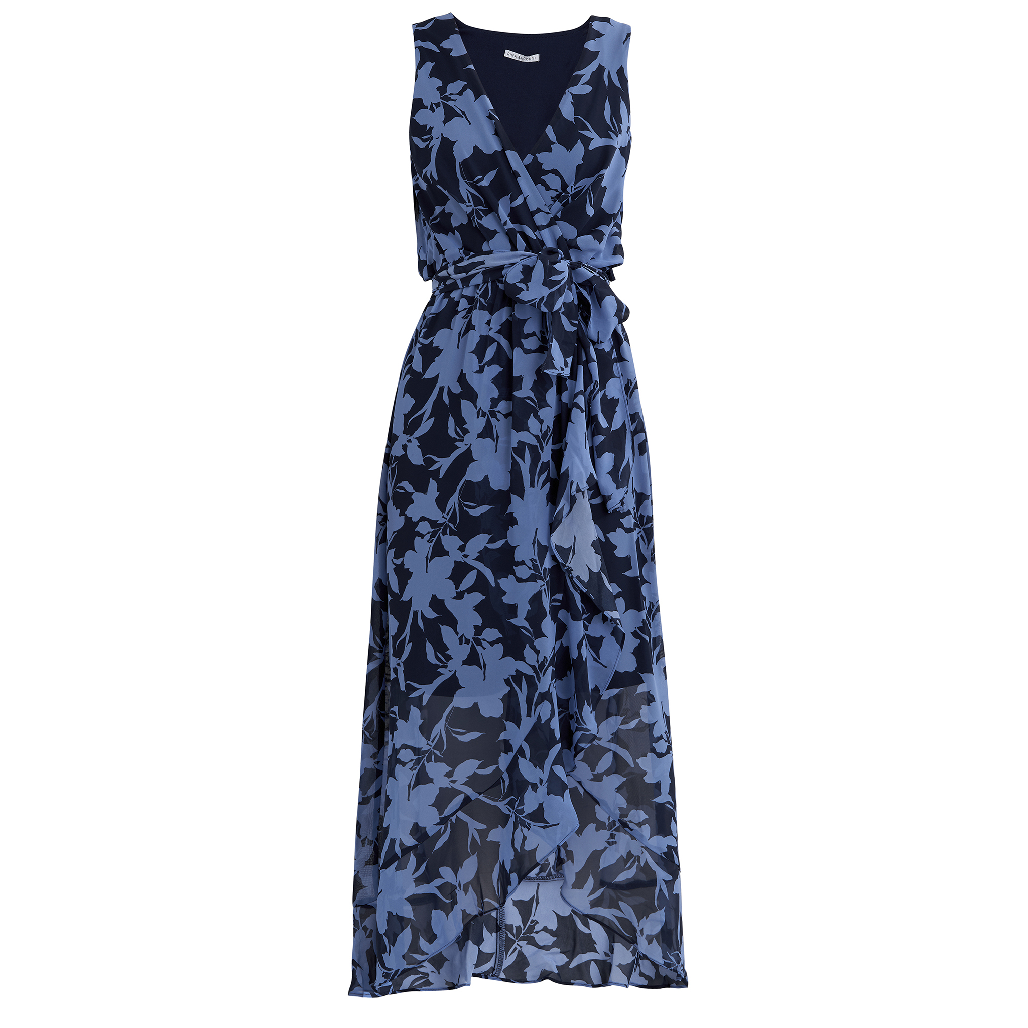Gina Bacconi Womens Alaura Long Printed Sleeveless Dress With Surplice Neckline - Navy - Size 22 UK