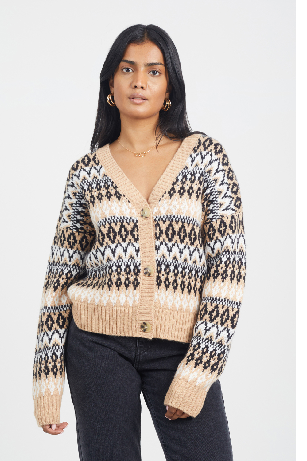 Brave Soul Womens Camel Button Through V-Neck Fairisle Cardigan - Size X-Large
