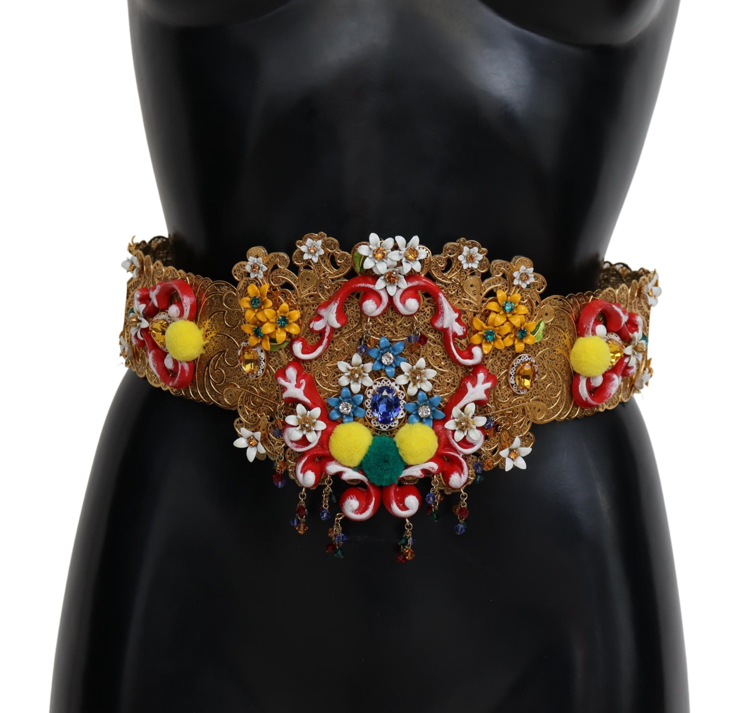 Dolce & Gabbana WoMens Embellished Floral Crystal Wide Waist Carretto Belt – Gold Nylon – Size 90 cm