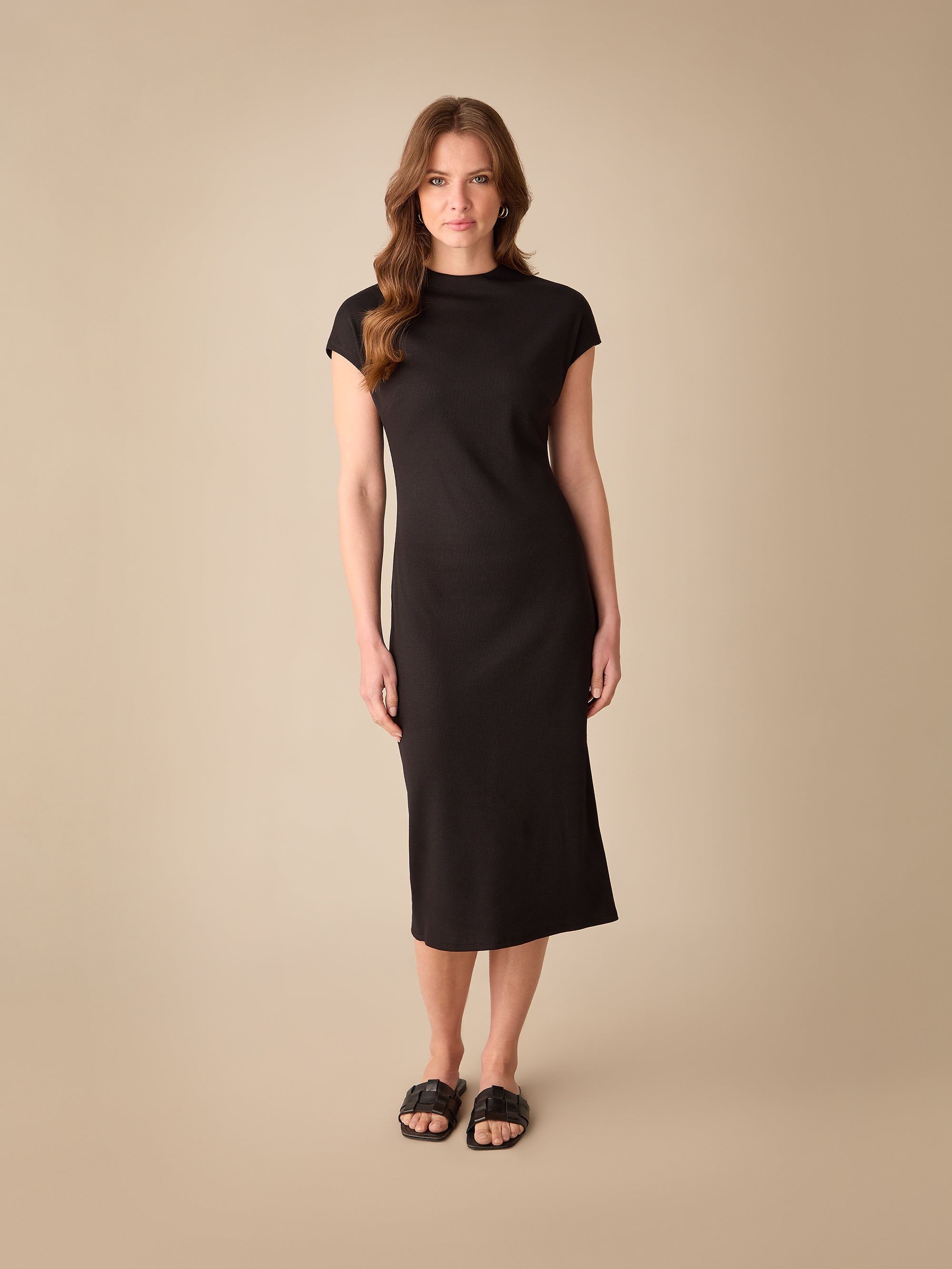 Ro&Zo Womens Petite Black Rib Knit Midi Dress - Size 10 UK