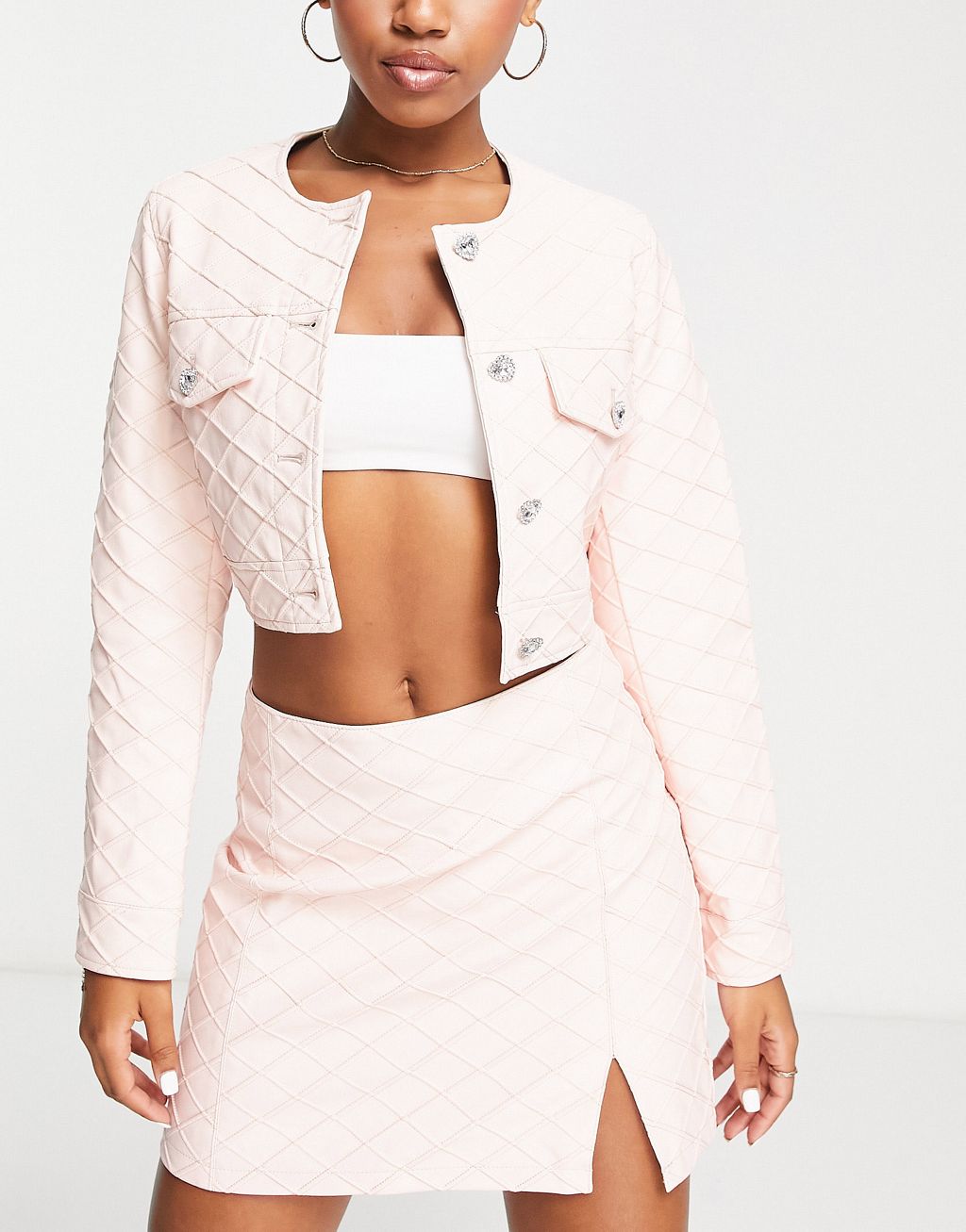 Miss Selfridge quilted faux leather mini skirt in blush-Pink