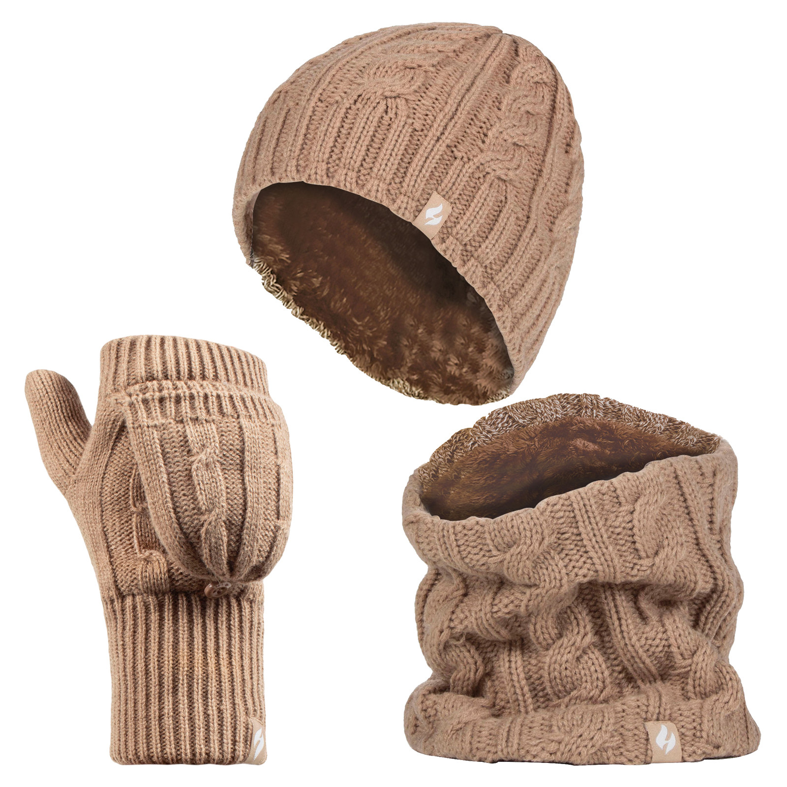 Thumbnail - Heat Holders - Womens Thermal Winter Fleece Mütze, Halswärmer und Converter Handschuhe Set - Beige