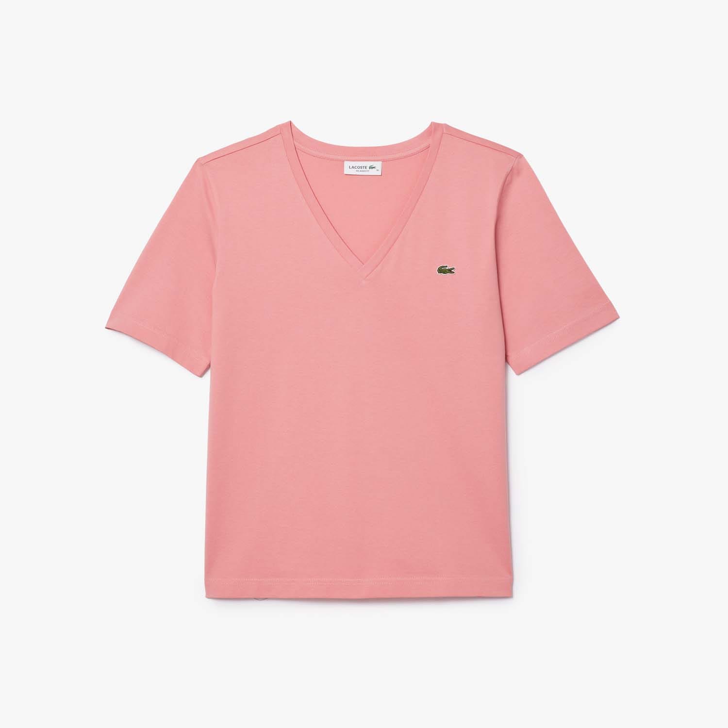 Lacoste Womens Relaxed-Fit Soft Cotton V-Neck T-Shirt in Pink - Size 6 UK