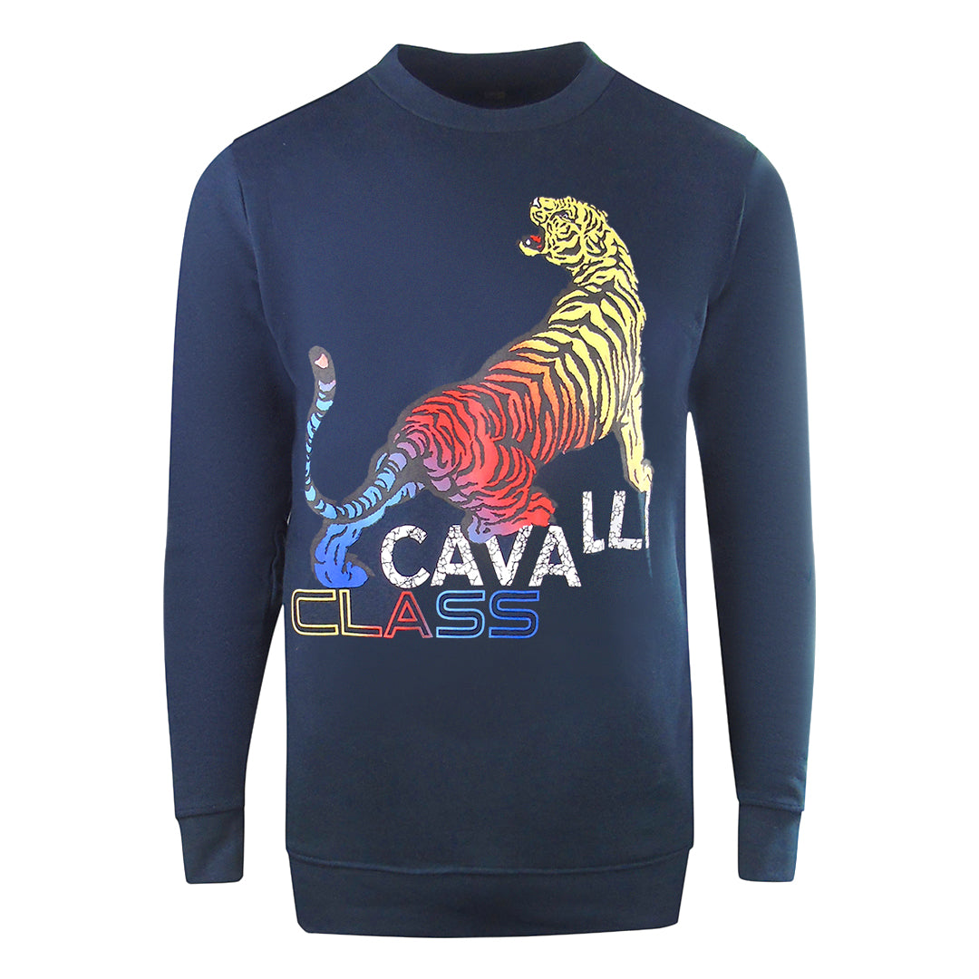 Cavalli Class Mens Bold Tiger Design Navy Blue Sweatshirt Cotton - Size Large