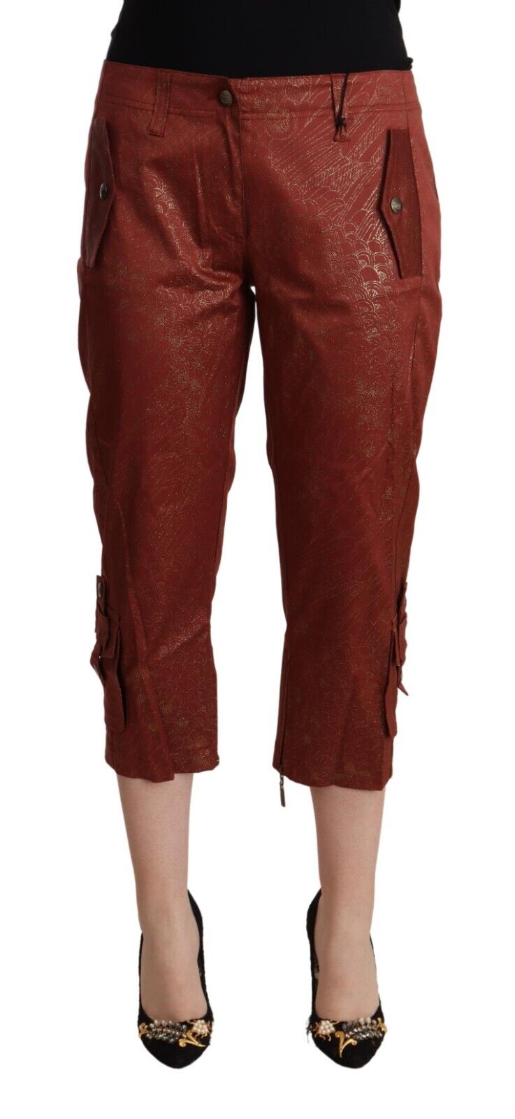 Thumbnail - Just Cavalli Damen Braune Lurex Mid-Waist Baumwoll-Cropped Capri-Hose