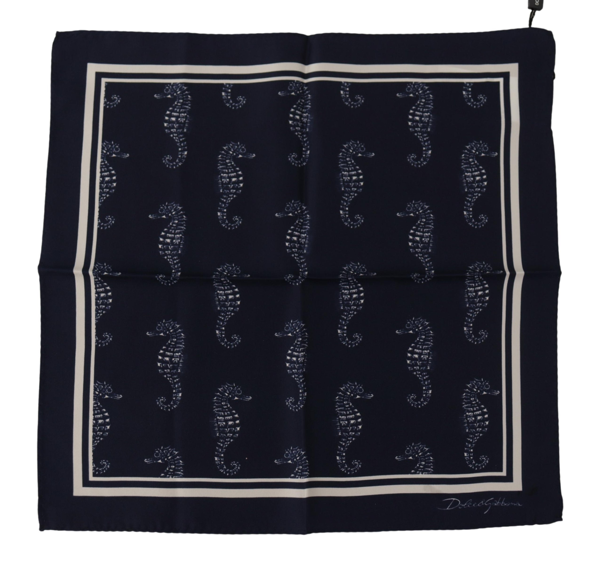 Dolce & Gabbana Mens Blue Seahorse DG Printed Square Handkerchief Scarf Silk - One Size