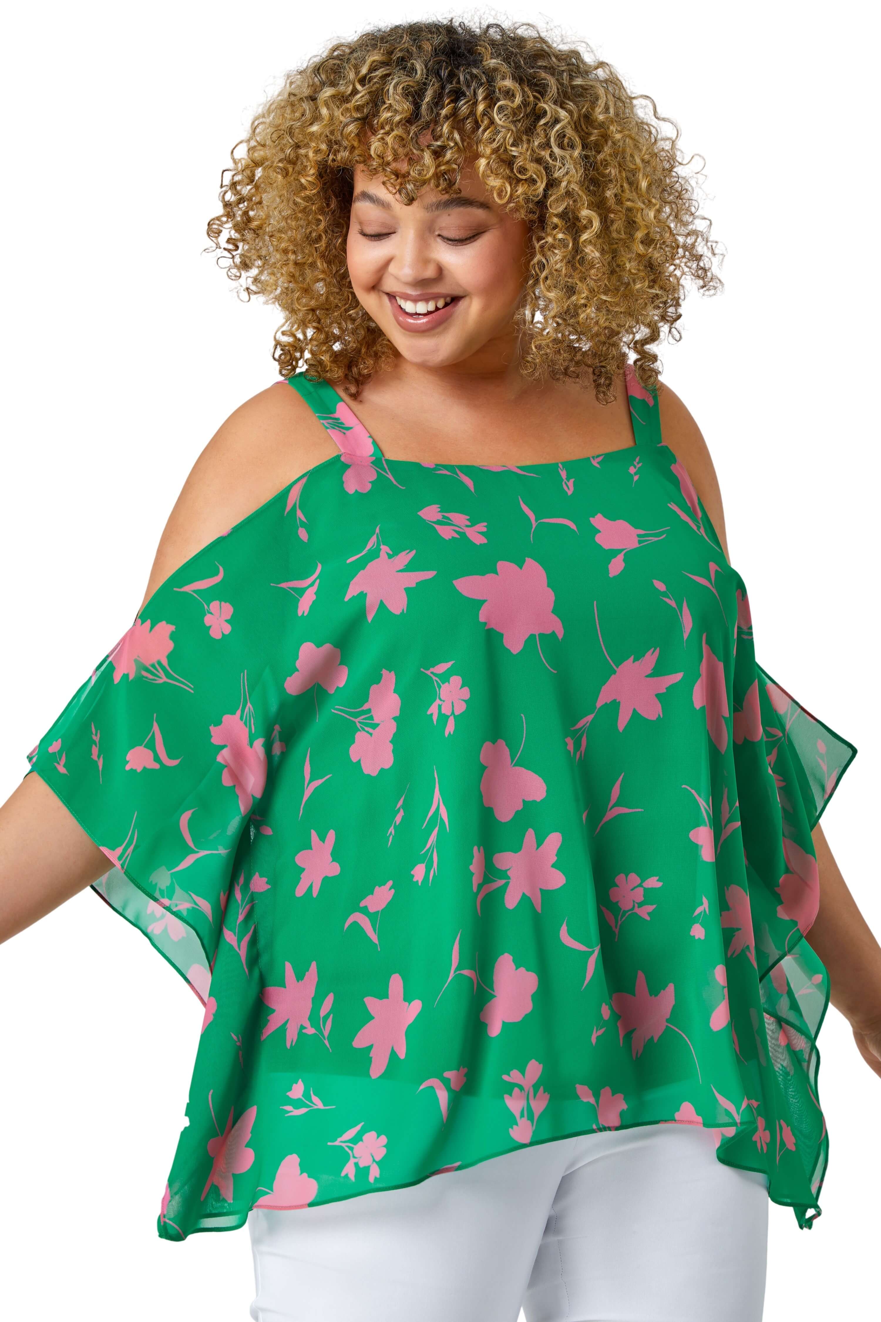 Roman Curve Womens Floral Cold Shoulder Top - Green - Size UK 30-32
