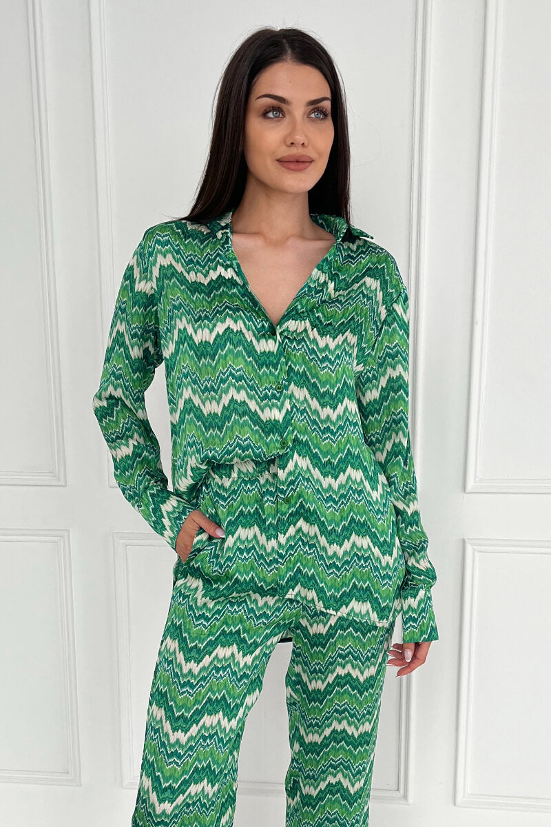 AX Paris Womens Green Abstract Printed Long Sleeve Shirt - Size 8 UK