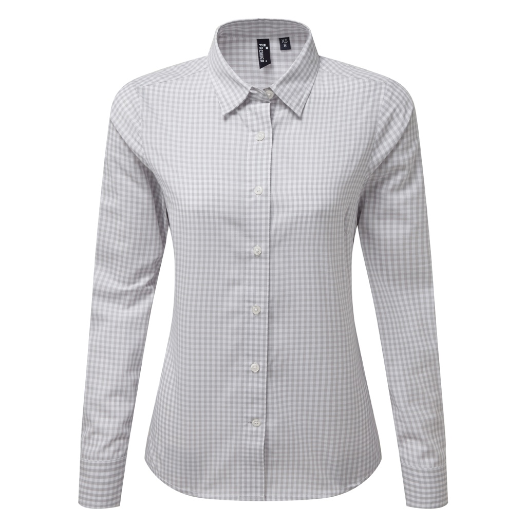 Thumbnail - Premier Womens/Ladies Maxton Check Langarmhemd (Silber/Weiß)