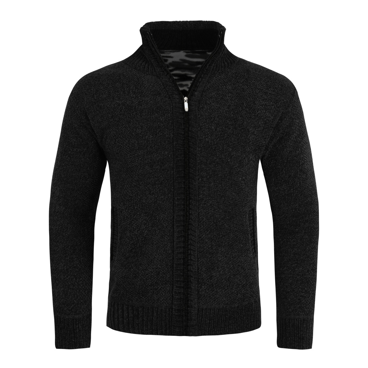 Thumbnail - Herren-Cardigan mit Rei?verschluss, Stehkragen und gefuttertem Grobstrickpullover Schwarz