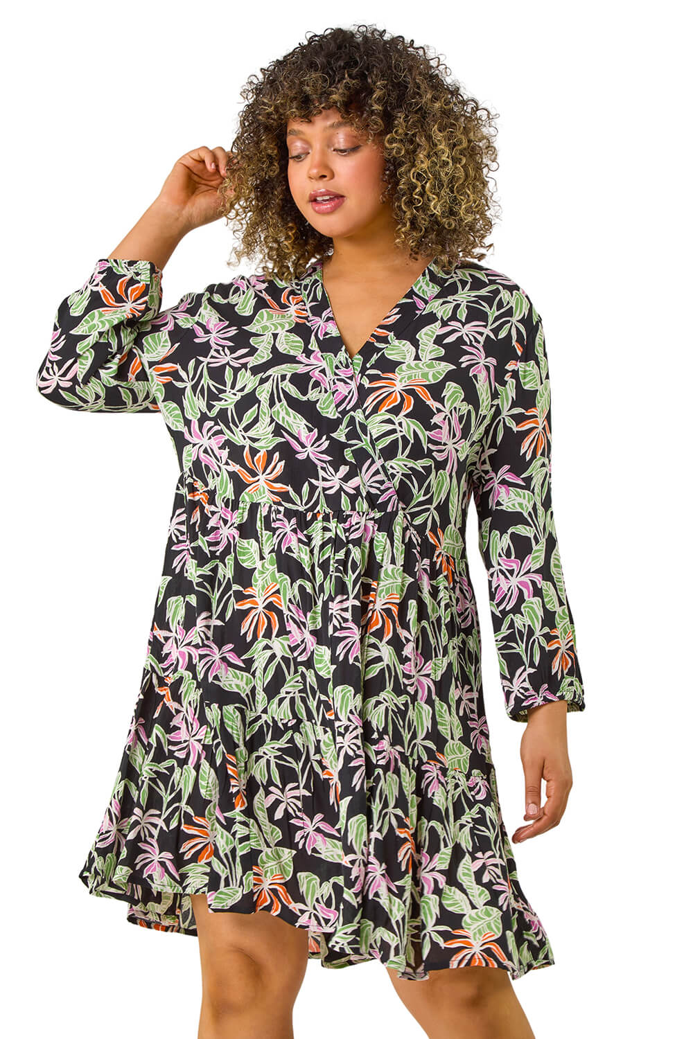 Roman Curve Womens Tropical Leaf Print Wrap Dress - Black - Size UK 22-24