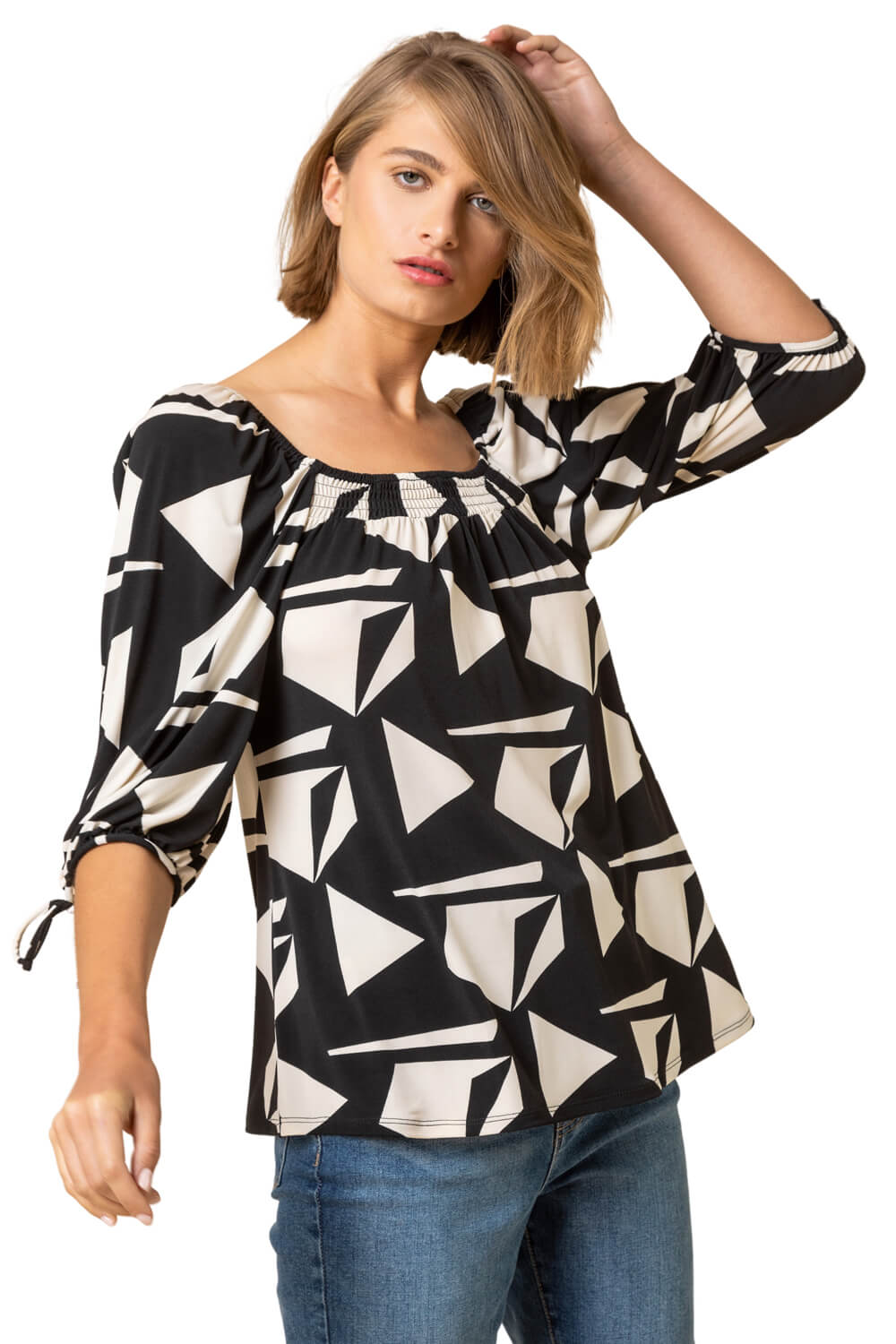 Roman Womens Geo Print Square Neck Top - Black Denim - Size 12 UK