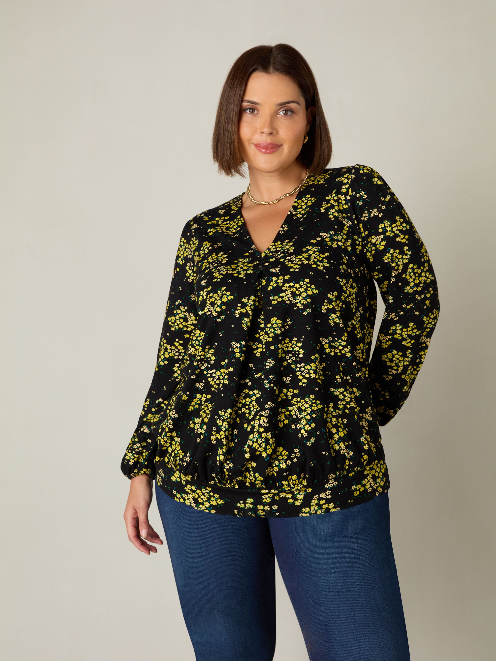 Live Unlimited Womens Yellow Ditsy Print Jersey Pleat Front Top - Size 14 UK