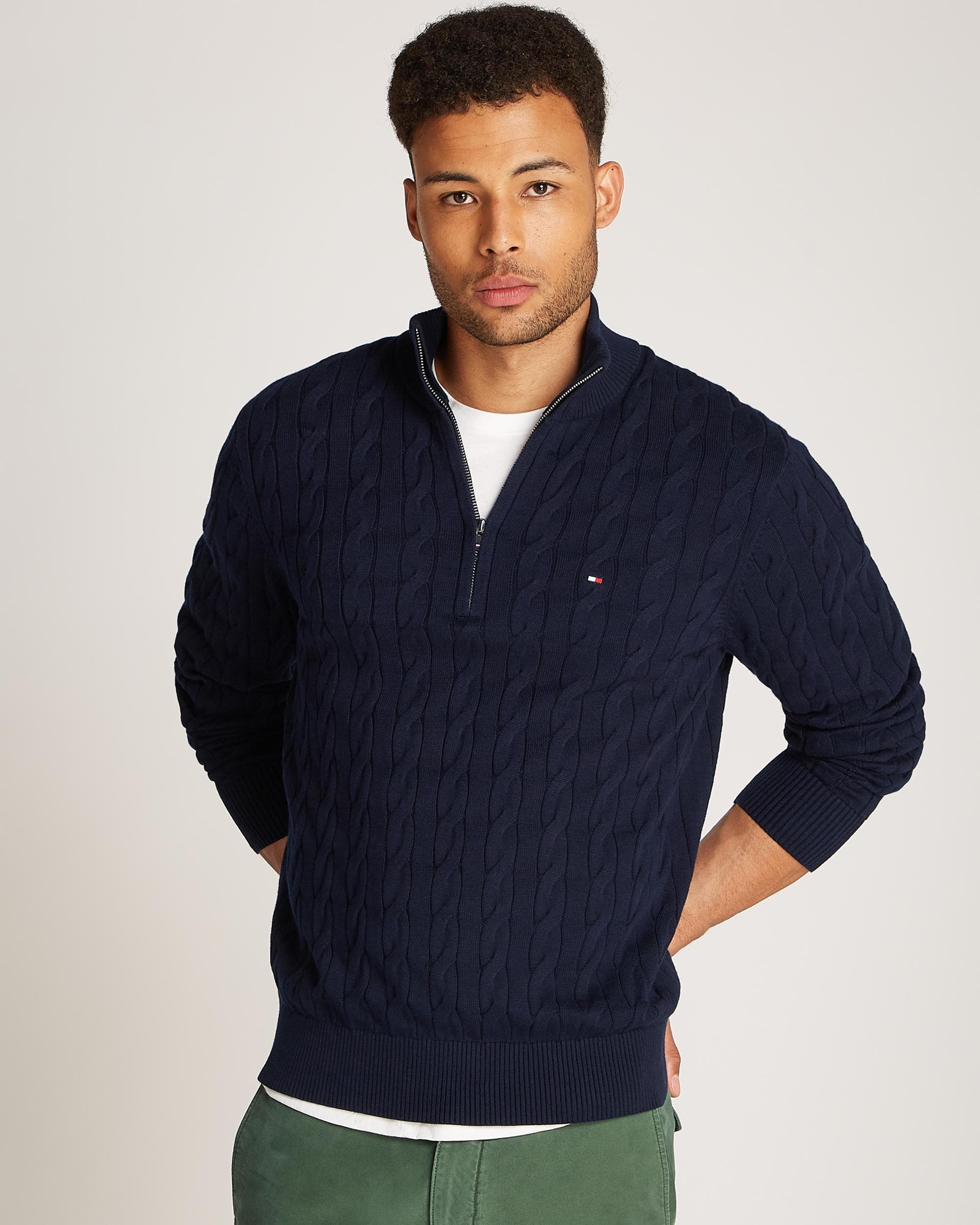 Tommy Hilfiger Classic Cotton Cable Mens Half Zip Mock Sweatshirt - Navy - Size X-Large