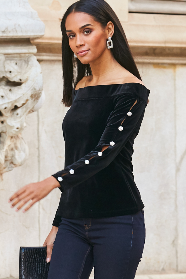 Sosandar Womens Black Velvet Embellished Sleeve Bardot Top - Size 10 Uk