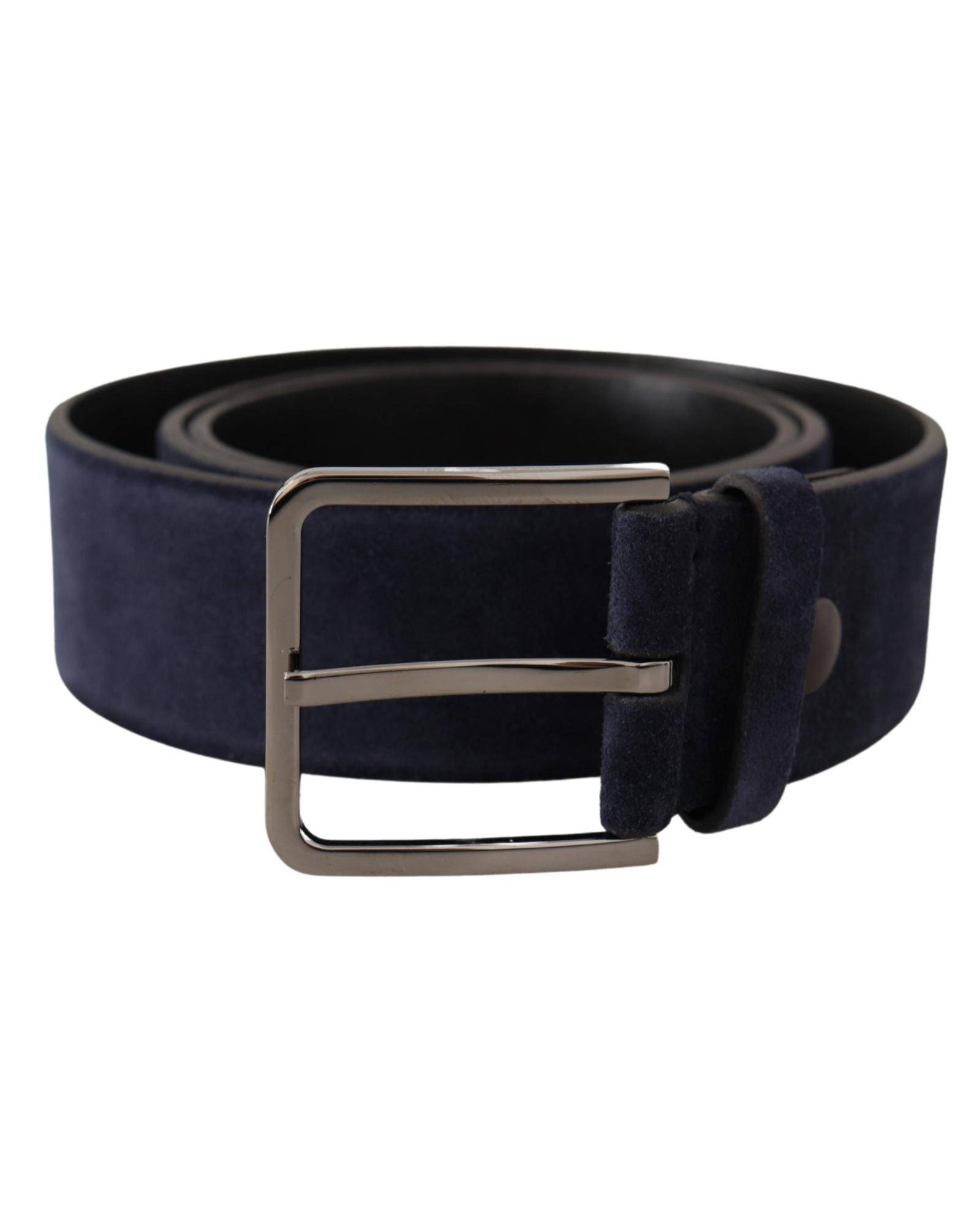 Dolce & Gabbana Mens Navy Blue Velvet Leather Belt with Silver Tone Buckle - - Size 90 cm