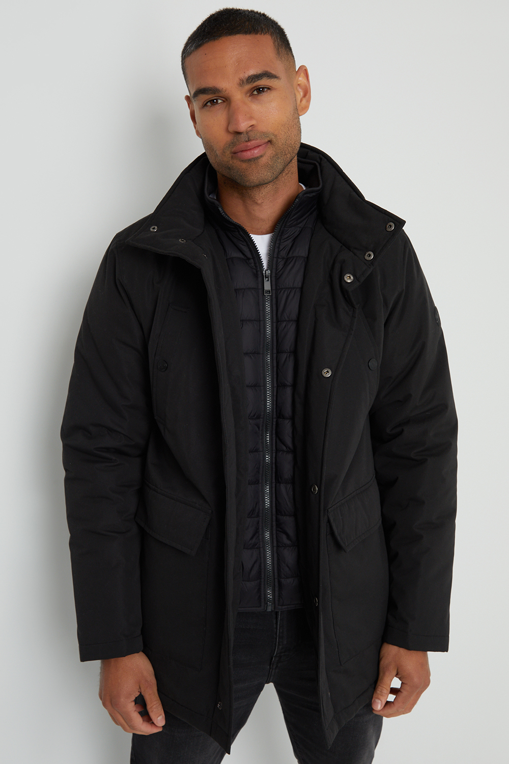 Threadbare Mens Black 'Luis' Showerproof Funnel Neck Mock Layer Coat - Size Medium