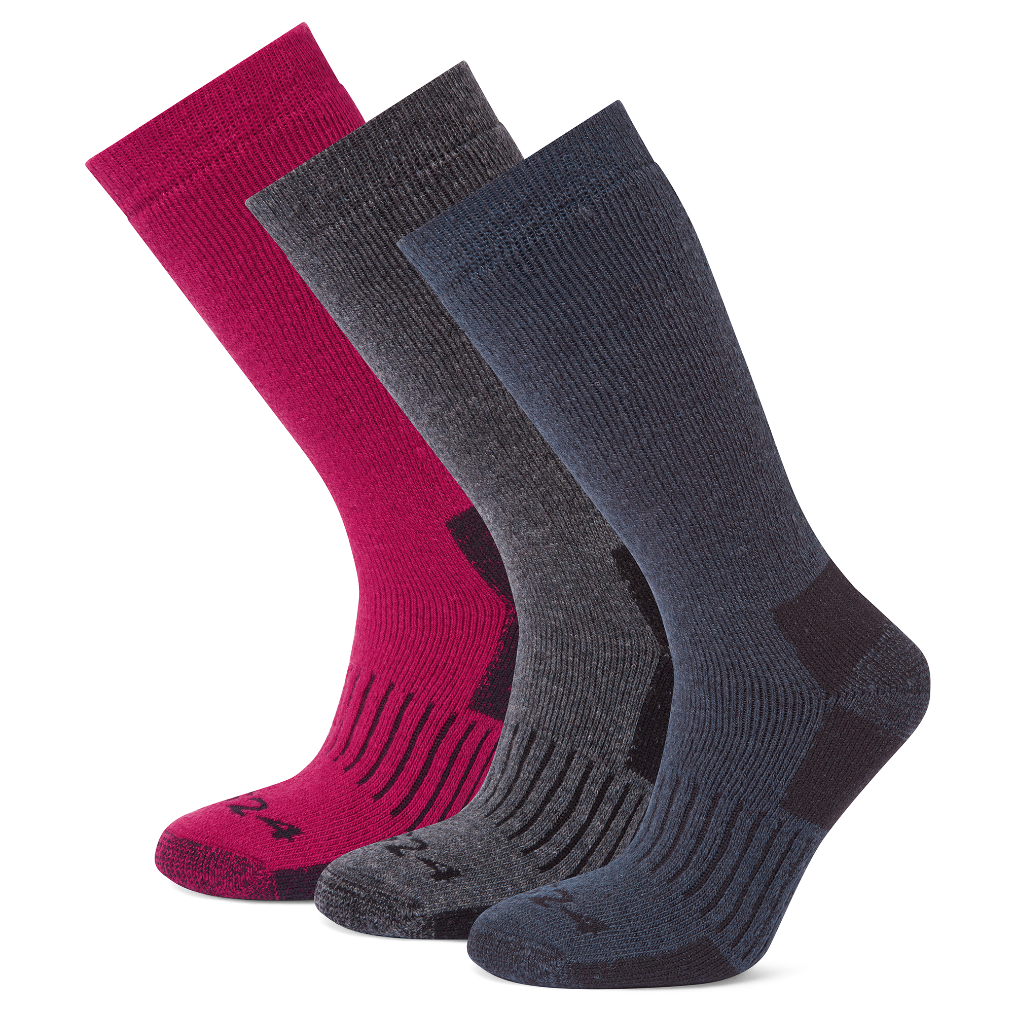 TOG24 Villach 3 Pack Womens Trek Socks Dark Grey Marl/Cerise/Dark Indigo - Multicolour Wool - Size Medium