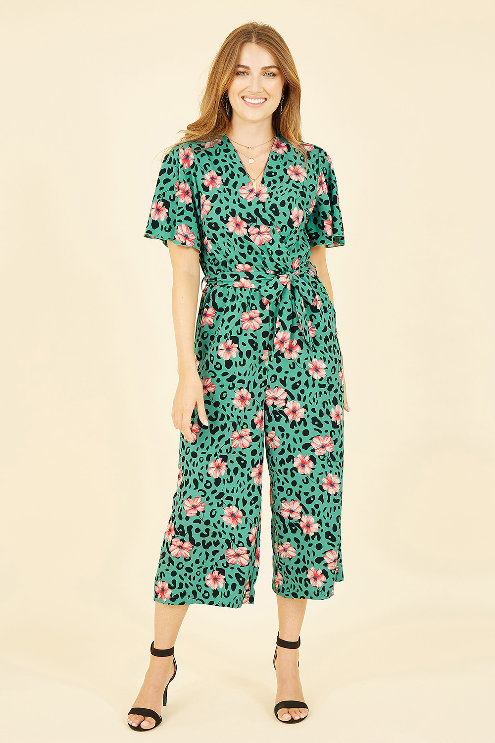 Mela London Womens Green Animal Print Jumpsuit With Angel Sleeves - Size 14 UK