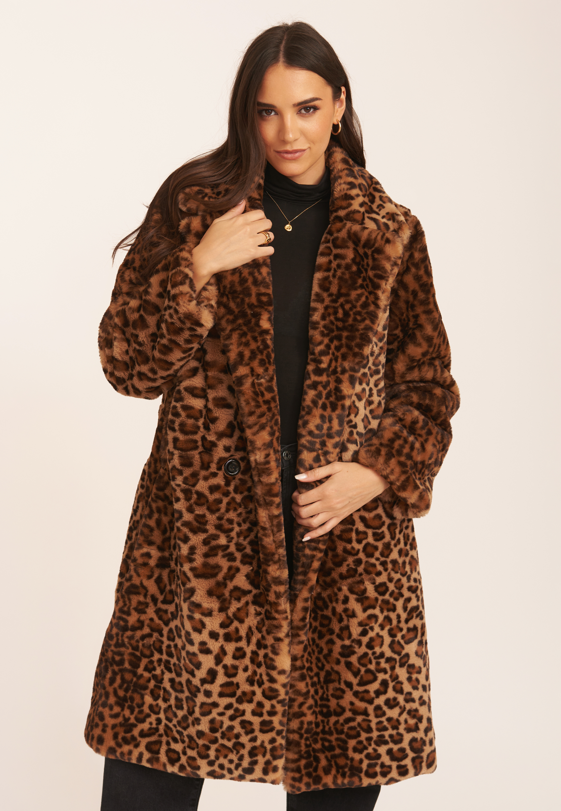 Thumbnail - Leopard Zweireihiger langärmeliger Pelzmantel