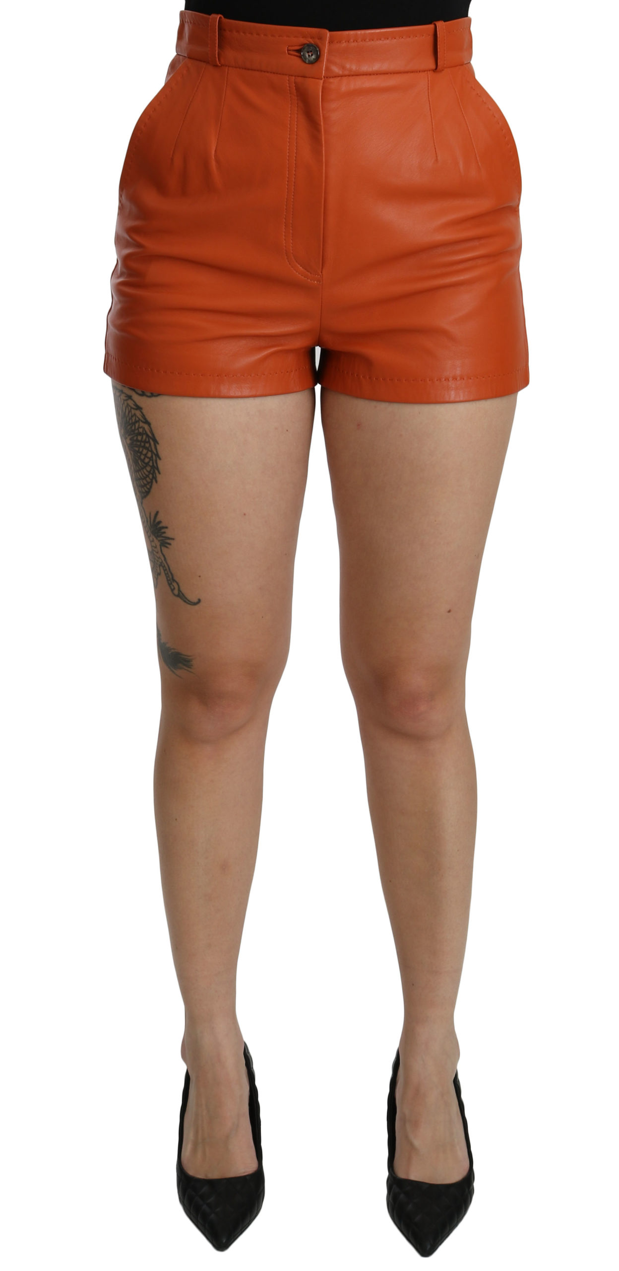 Dolce & Gabbana Womens Orange Leather High Waist Shorts – Size 8 UK