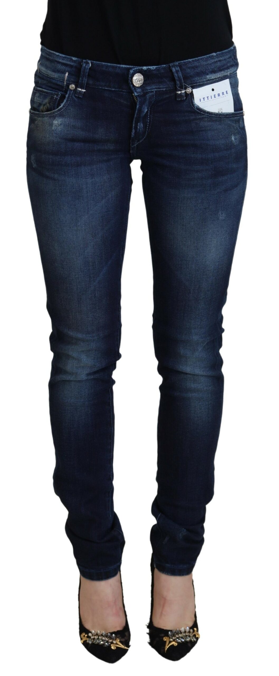 Acht Blå Bomull Låg Midja Slim Fit Dam Casual Denim Jeans