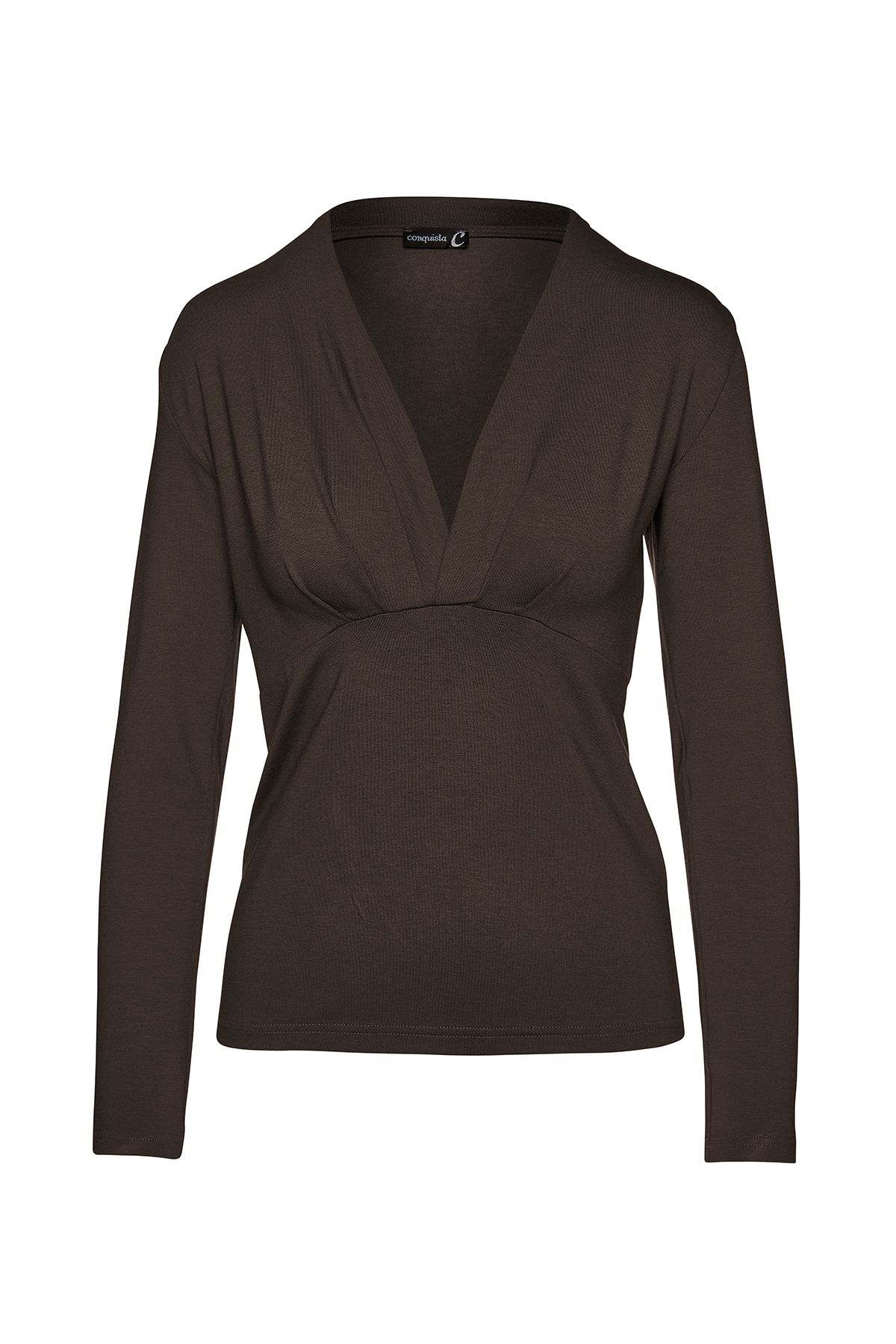 Thumbnail - Braunes langärmeliges Faux Wrap Top aus nachhaltigem Stretch-Jersey-Stoff