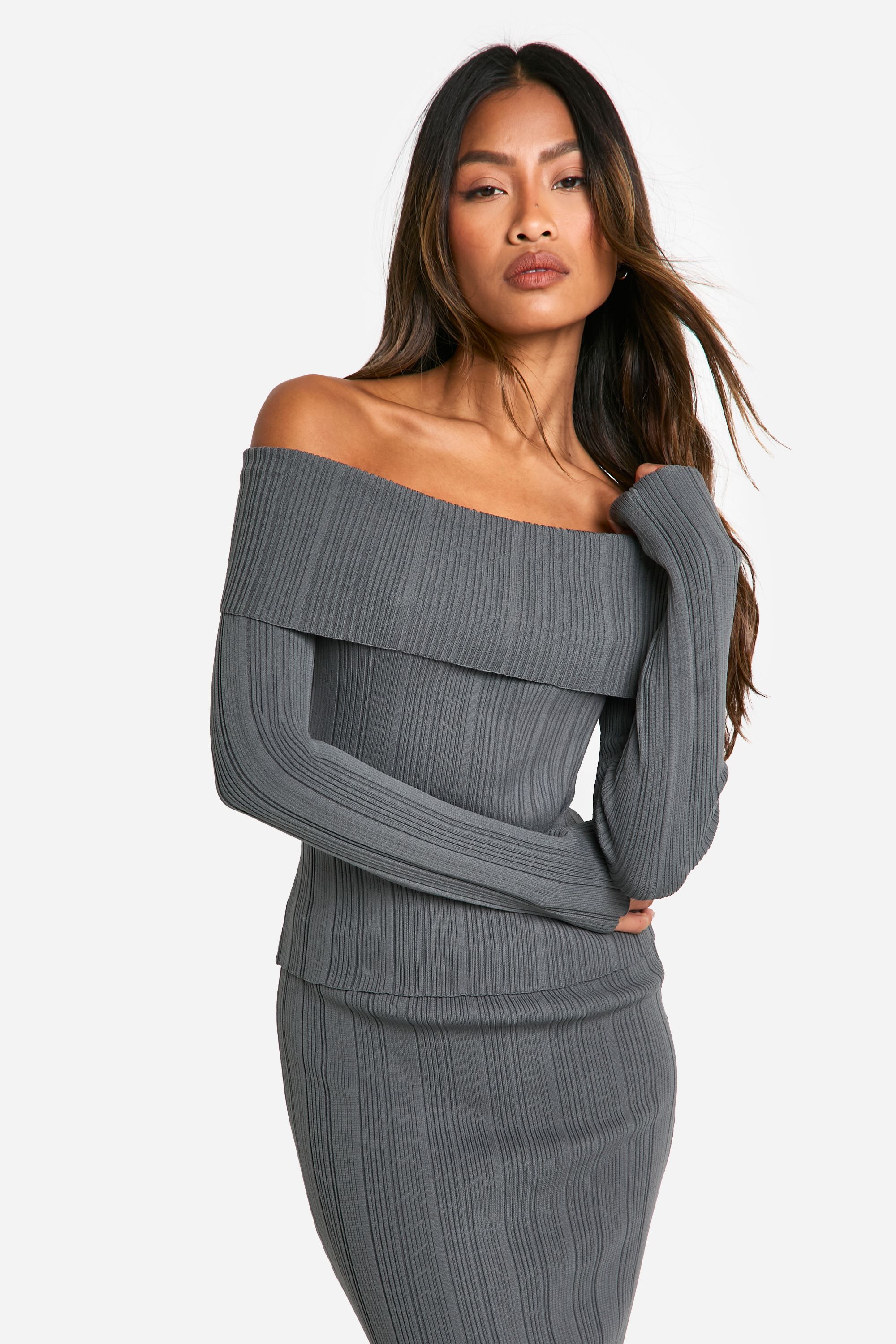 Boohoo Womens Lightweight Rib Knitted Bardot Long Sleeve Top - Charcoal - Size Medium