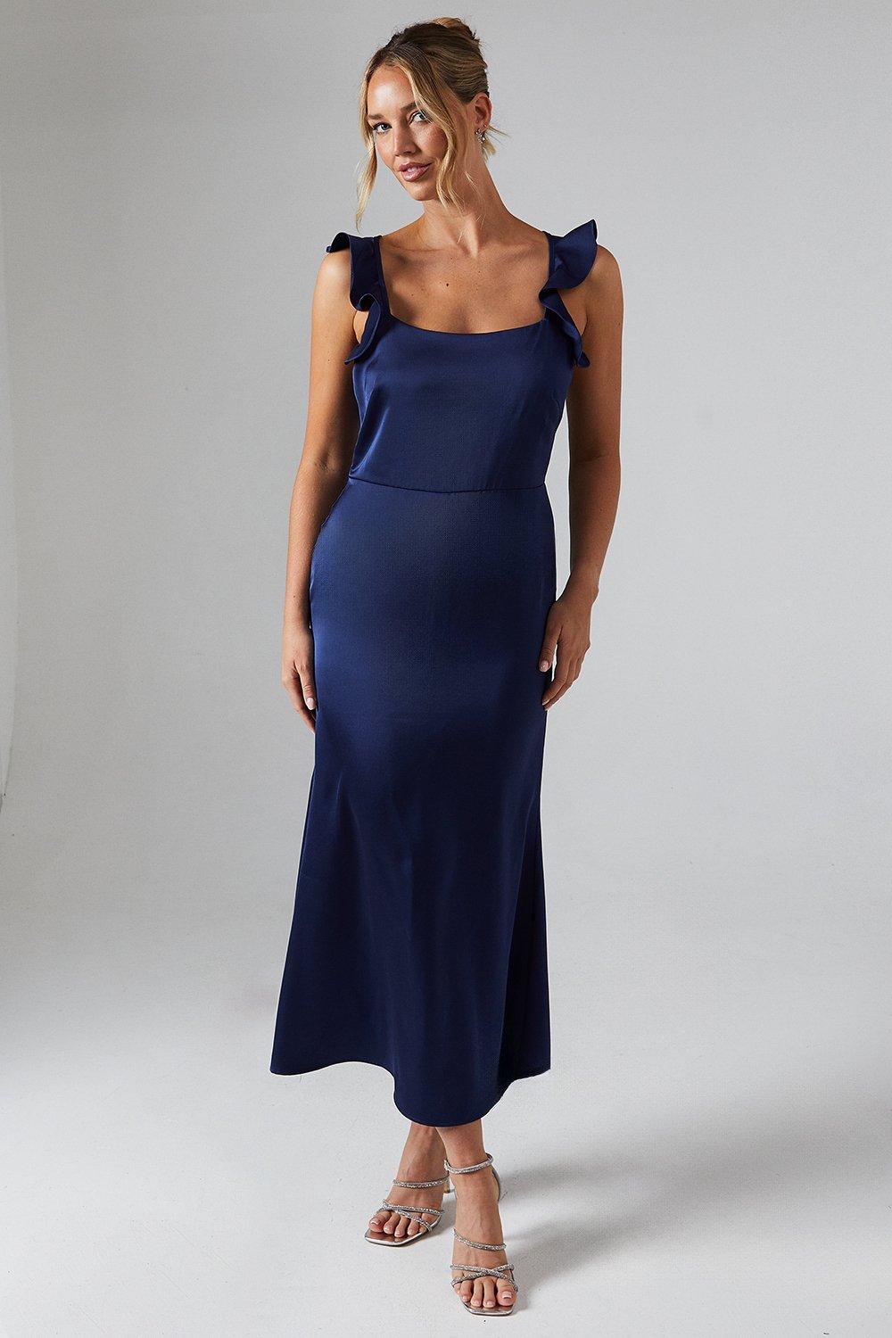 Oasis Womens Ruffle Square Neck Satin Bridesmaids Midi Dress - Navy - Size 6 UK