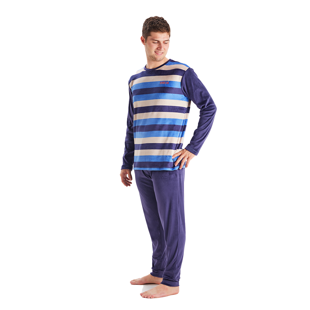 Thumbnail - MU3 Herren-Pyjama aus Samt mit Rundhalsausschnitt und langen Ärmeln